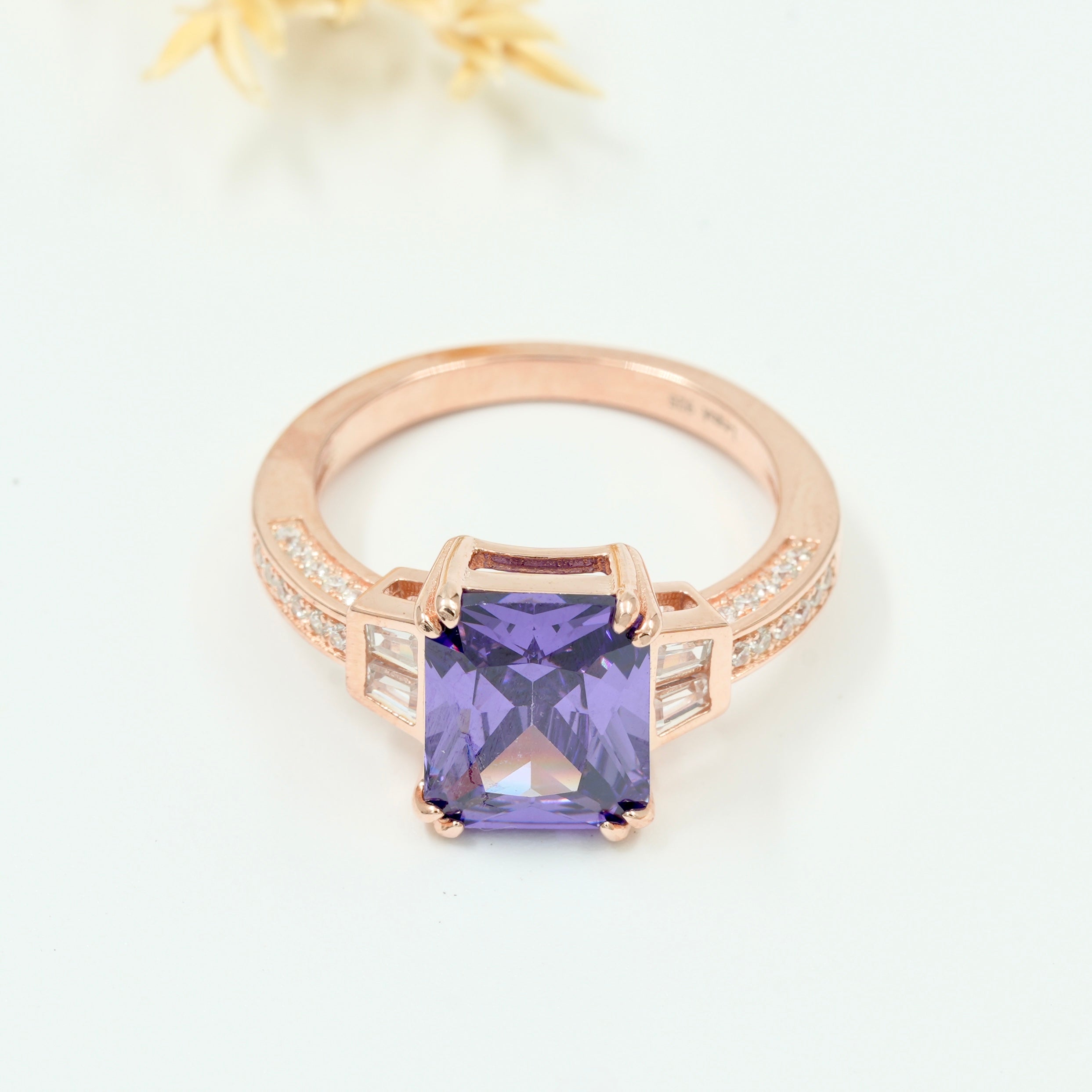 925 Silver Rose Gold Plated Ring with Purple Square-Cut Stone & Side Diamonds