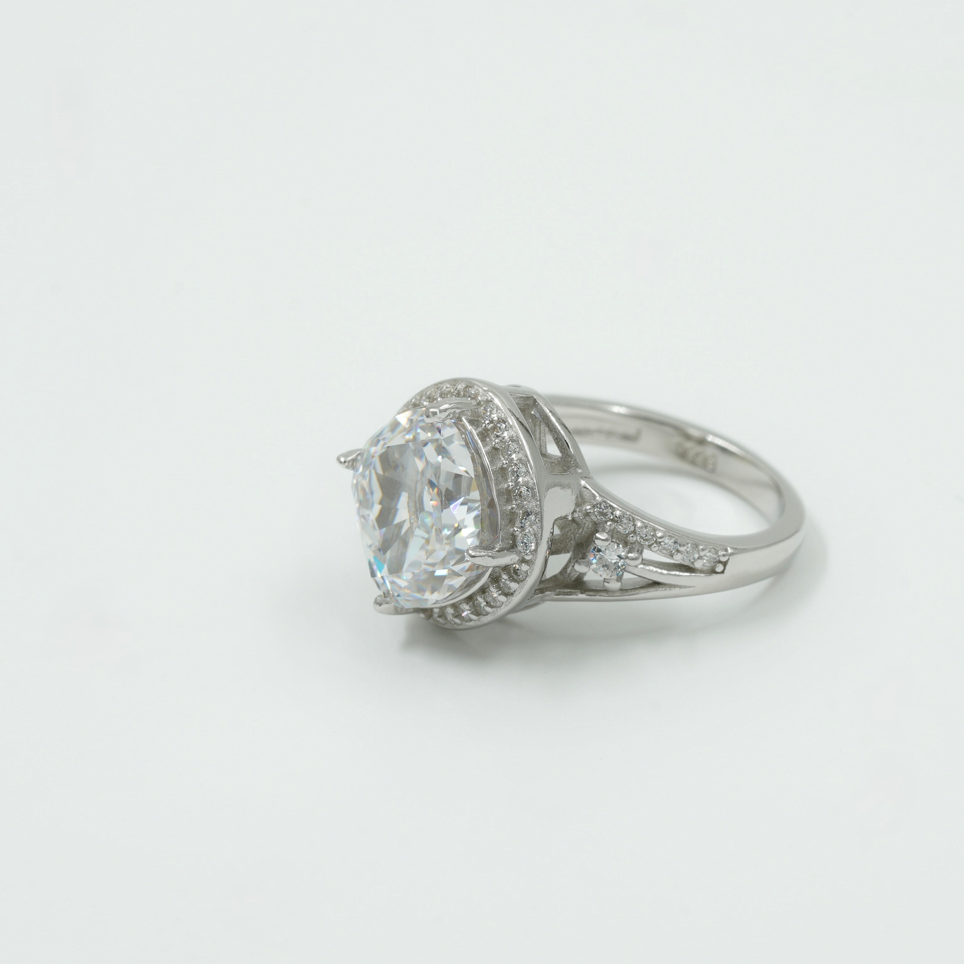 925 Silver Cushion Cut Halo Engagement Ring with Round Brilliant Stone