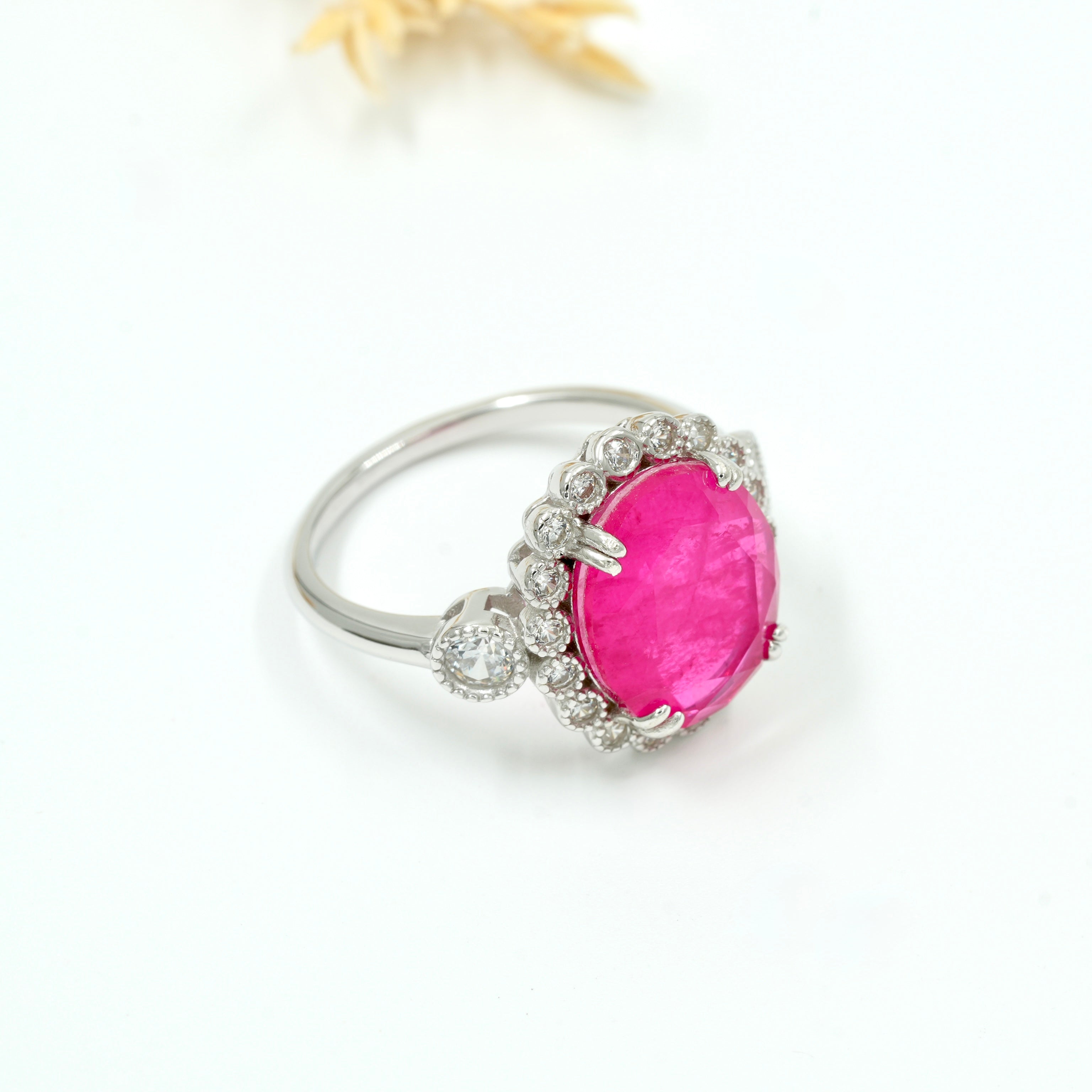 925 Silver Ruby Red Oval Halo Ring with White Zircon Accents