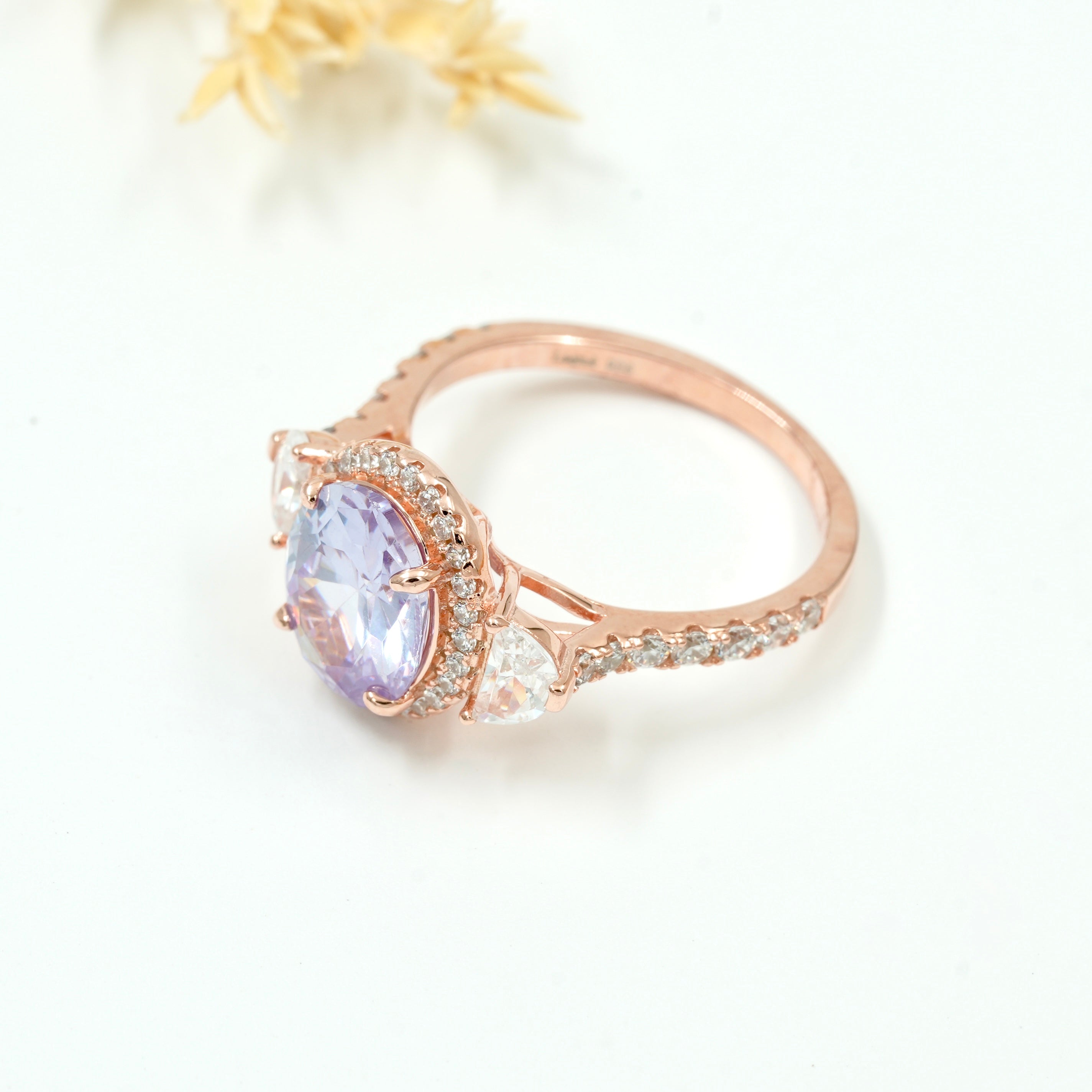 Rose Gold-Plated Amethyst Style Halo Ring – Oval Purple Stone with Diamond Accents
