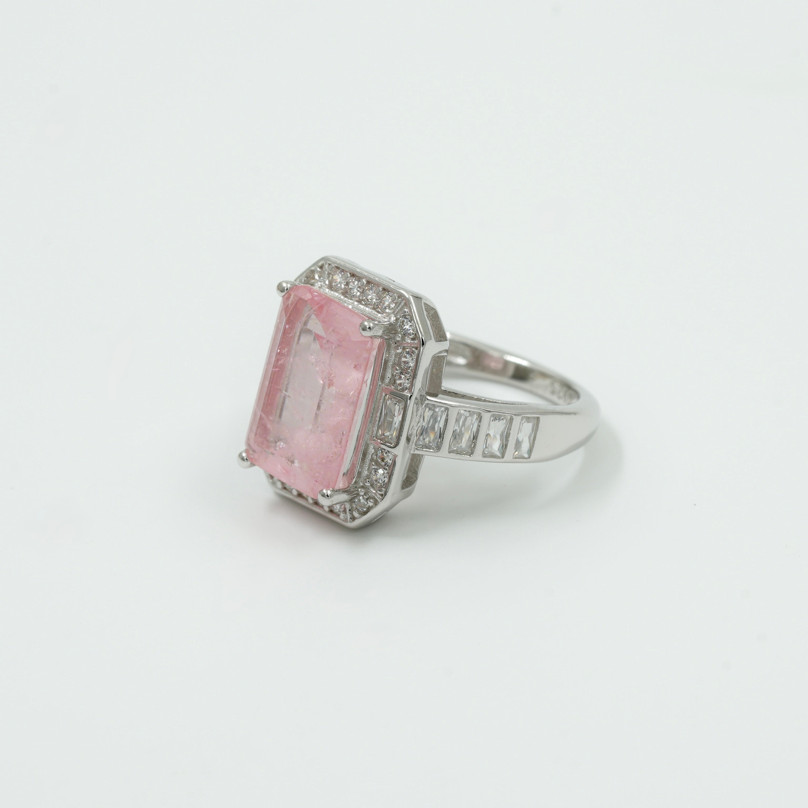 925 Silver Pink Emerald-Cut Statement Ring with Halo Diamonds