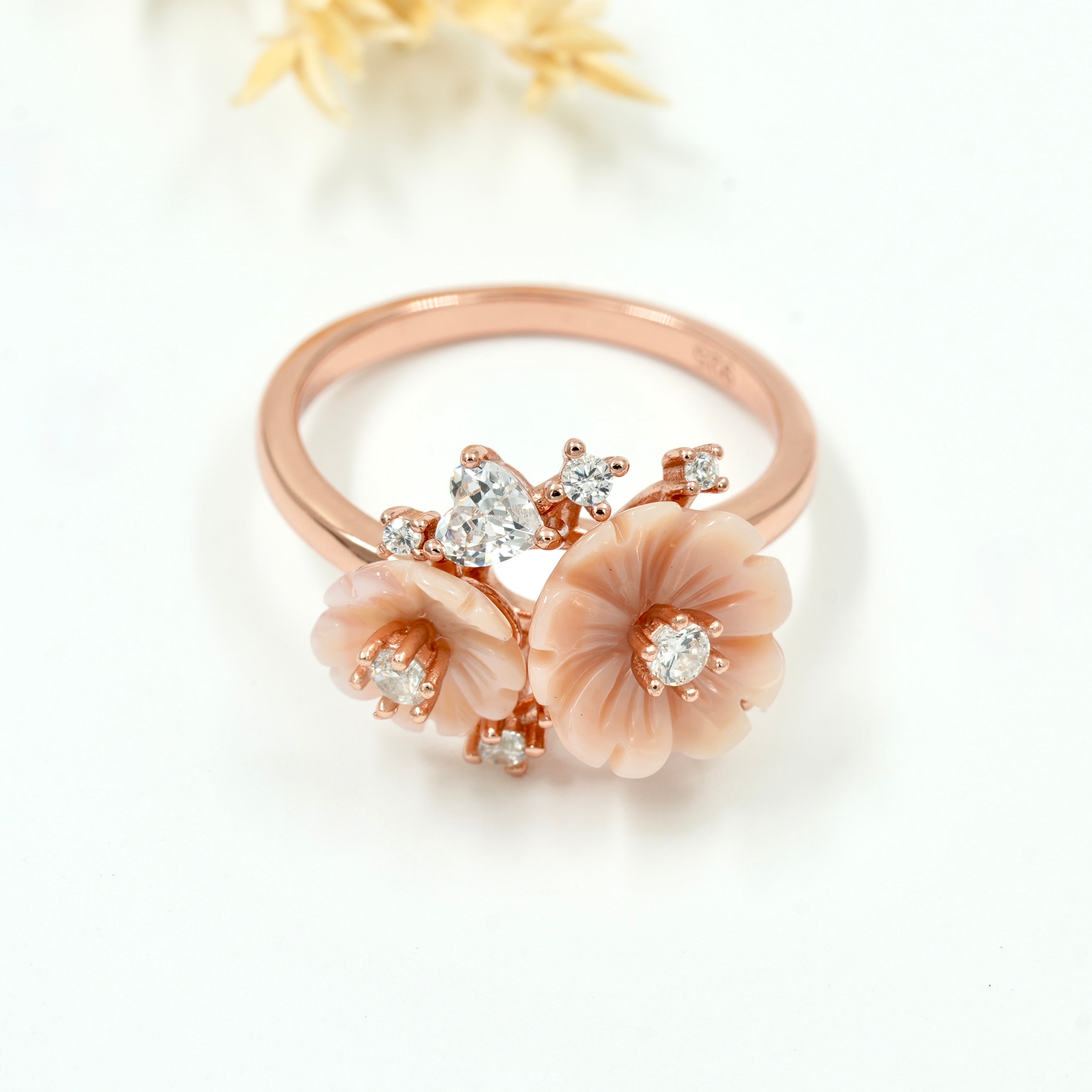 925 Silver Rose Gold Floral Pearl & Stone Designer Ring – Unique Nature Inspired Statement