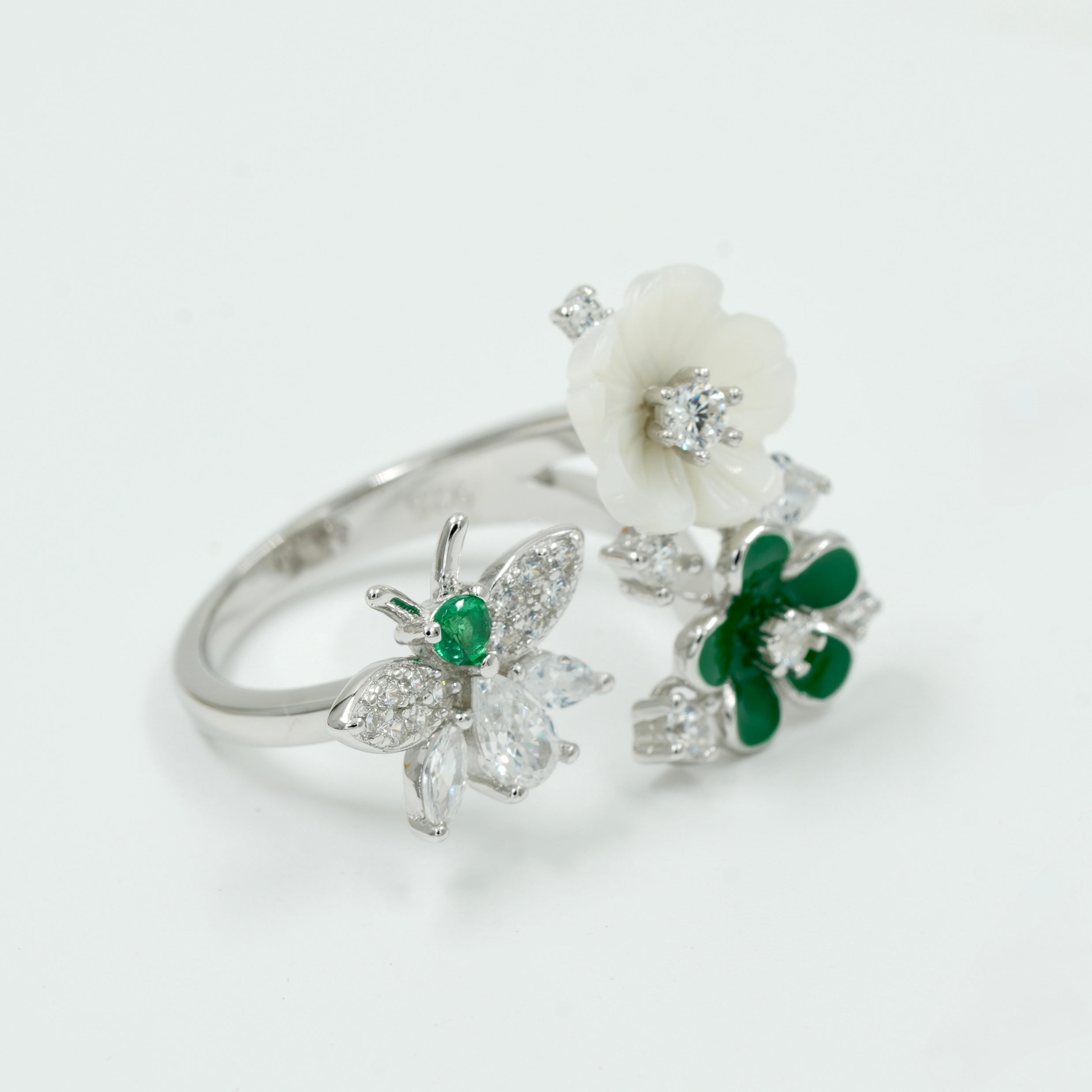 925 Silver Butterfly & Flower Adjustable Ring – Green & White Stone Design