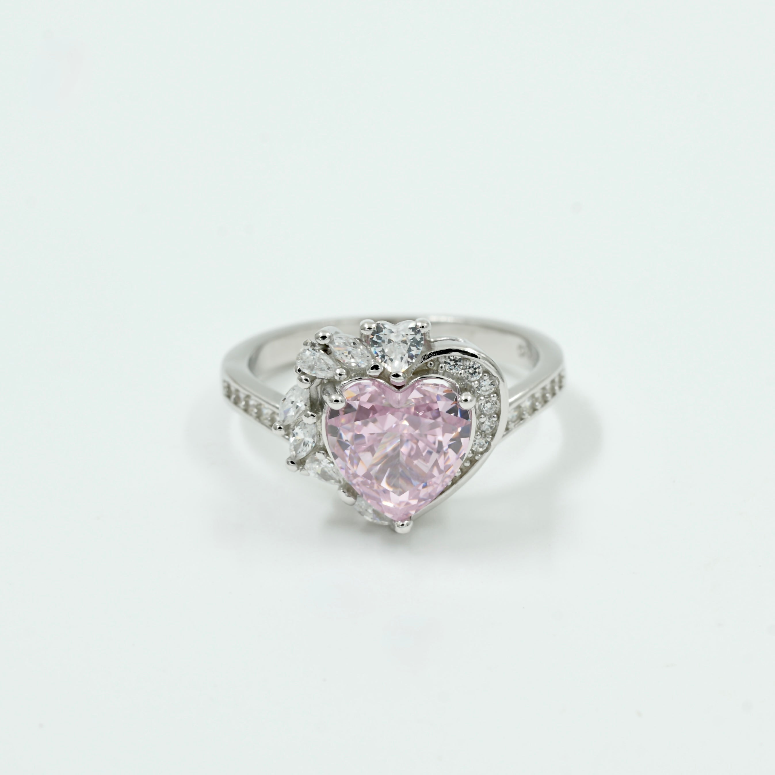 925 Silver Pink Heart Solitaire Ring with CZ Diamond Accents – Romantic Valentine Jewellery
