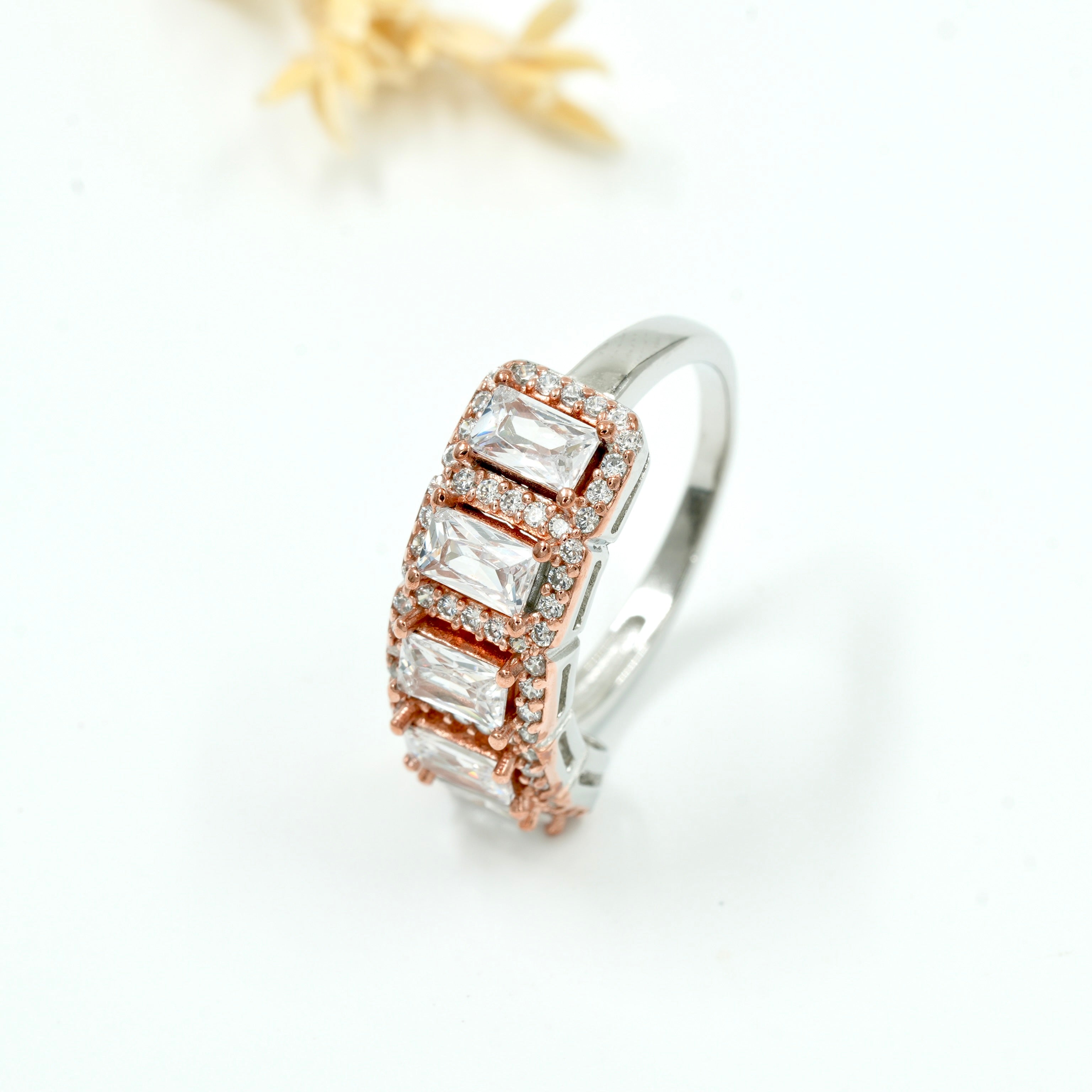 925 Silver Emerald Cut White Stone Rose-Gold Plated Band Ring