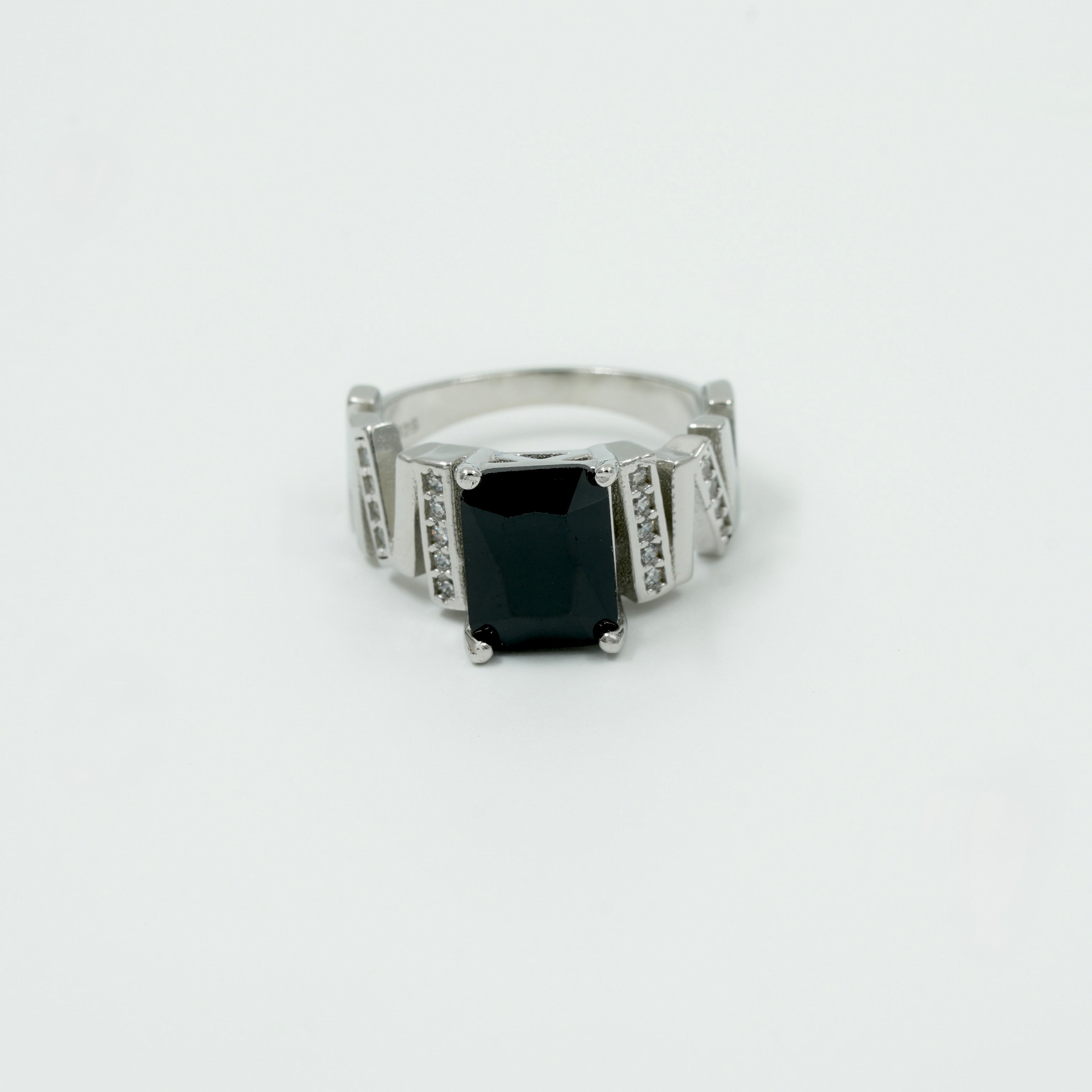 925 Silver Black Onyx Stone Ring with Unique Geometric Design