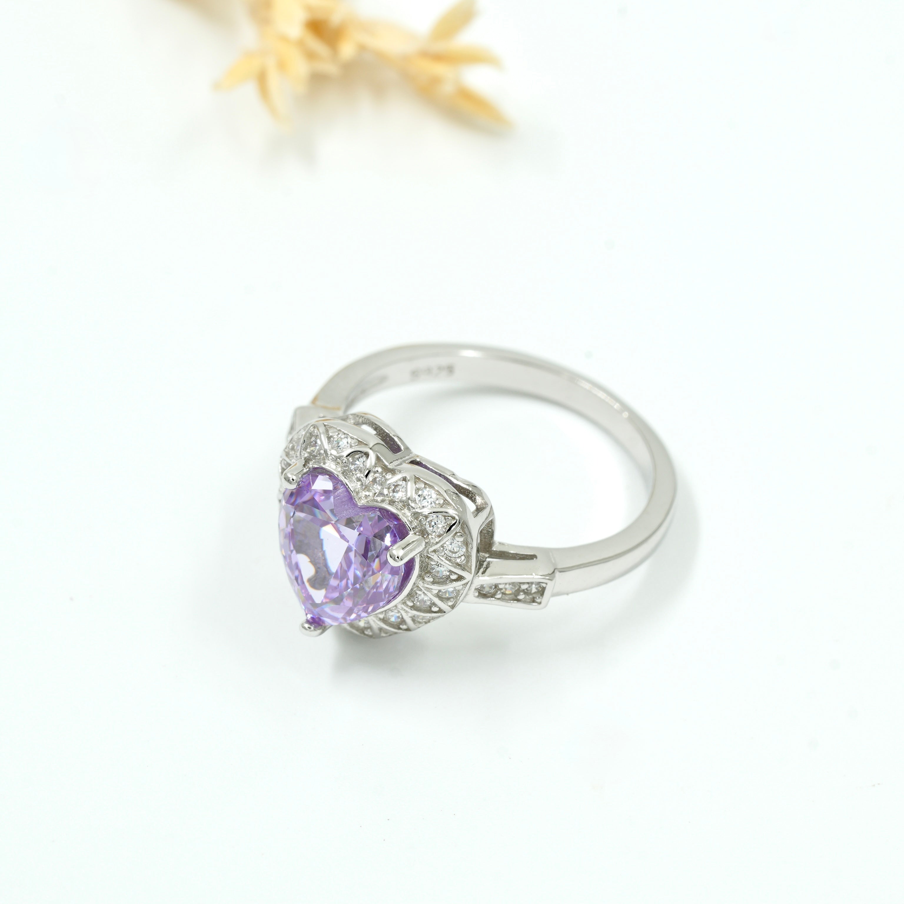 925 Silver Heart-Shaped Purple Gemstone Ring with Diamond Accents
