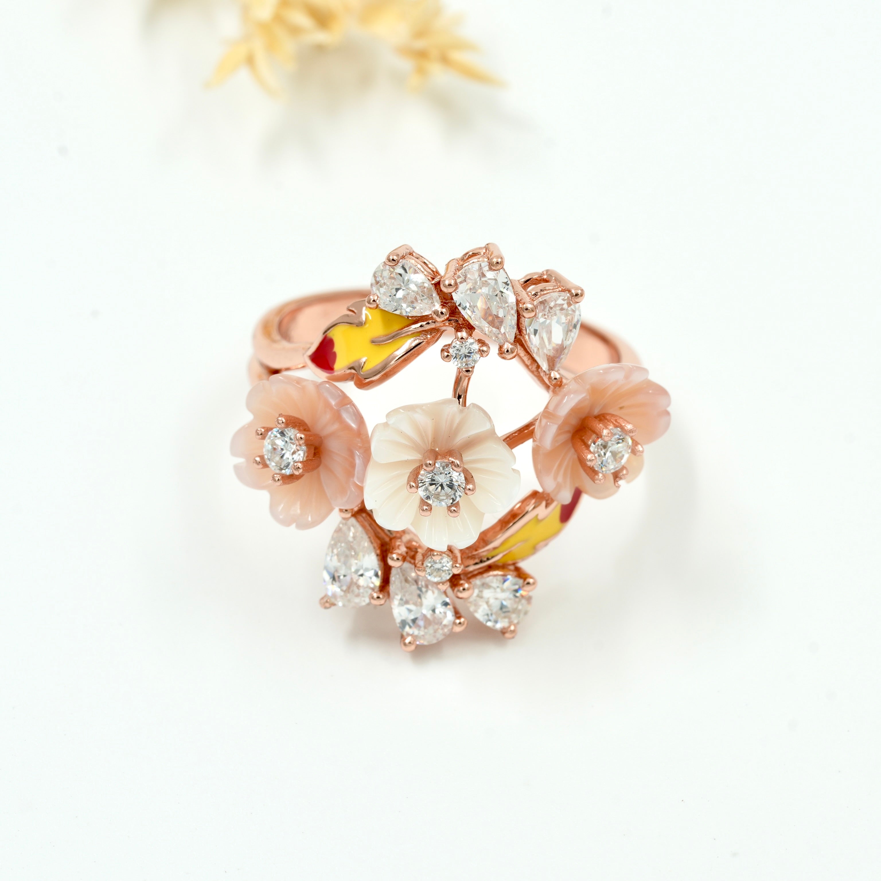 925 Sterling Silver Rose Gold Floral Statement Ring – CZ Stone Designer Flower Ring
