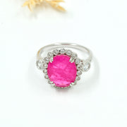 925 Silver Ruby Red Oval Halo Ring with White Zircon Accents