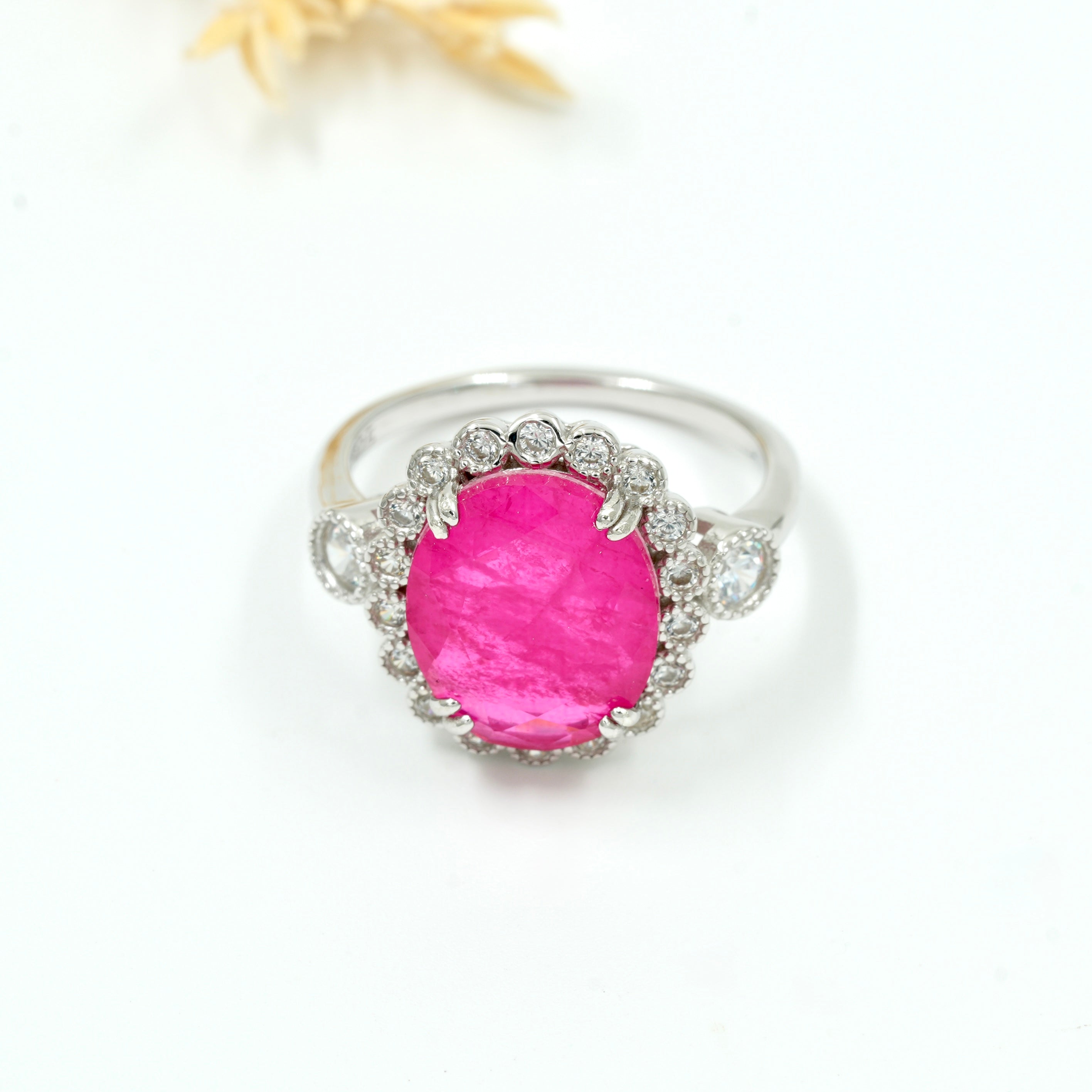 925 Silver Ruby Red Oval Halo Ring with White Zircon Accents