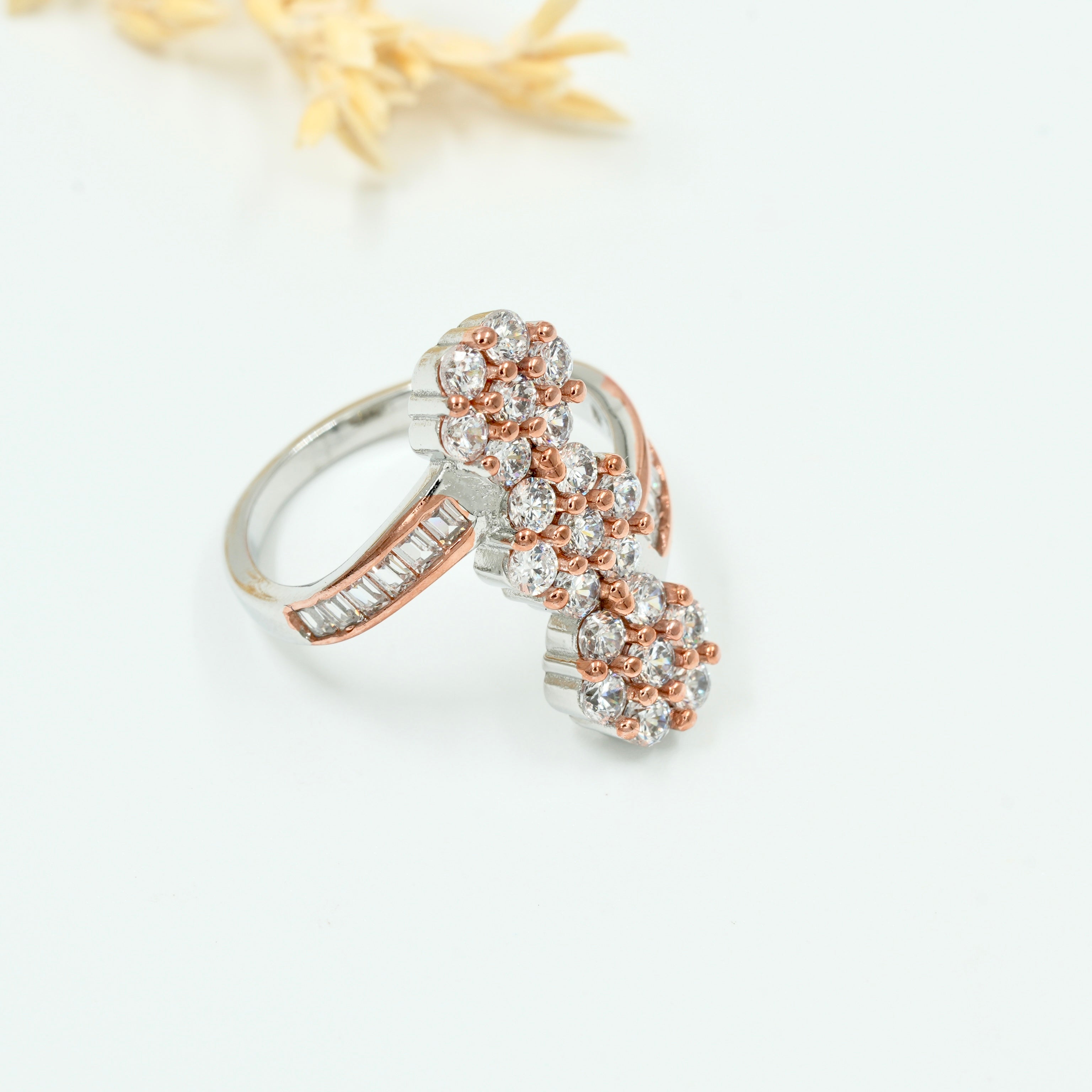 925 Silver Double Row CZ Cluster Ring – Rose Gold & Silver Finish
