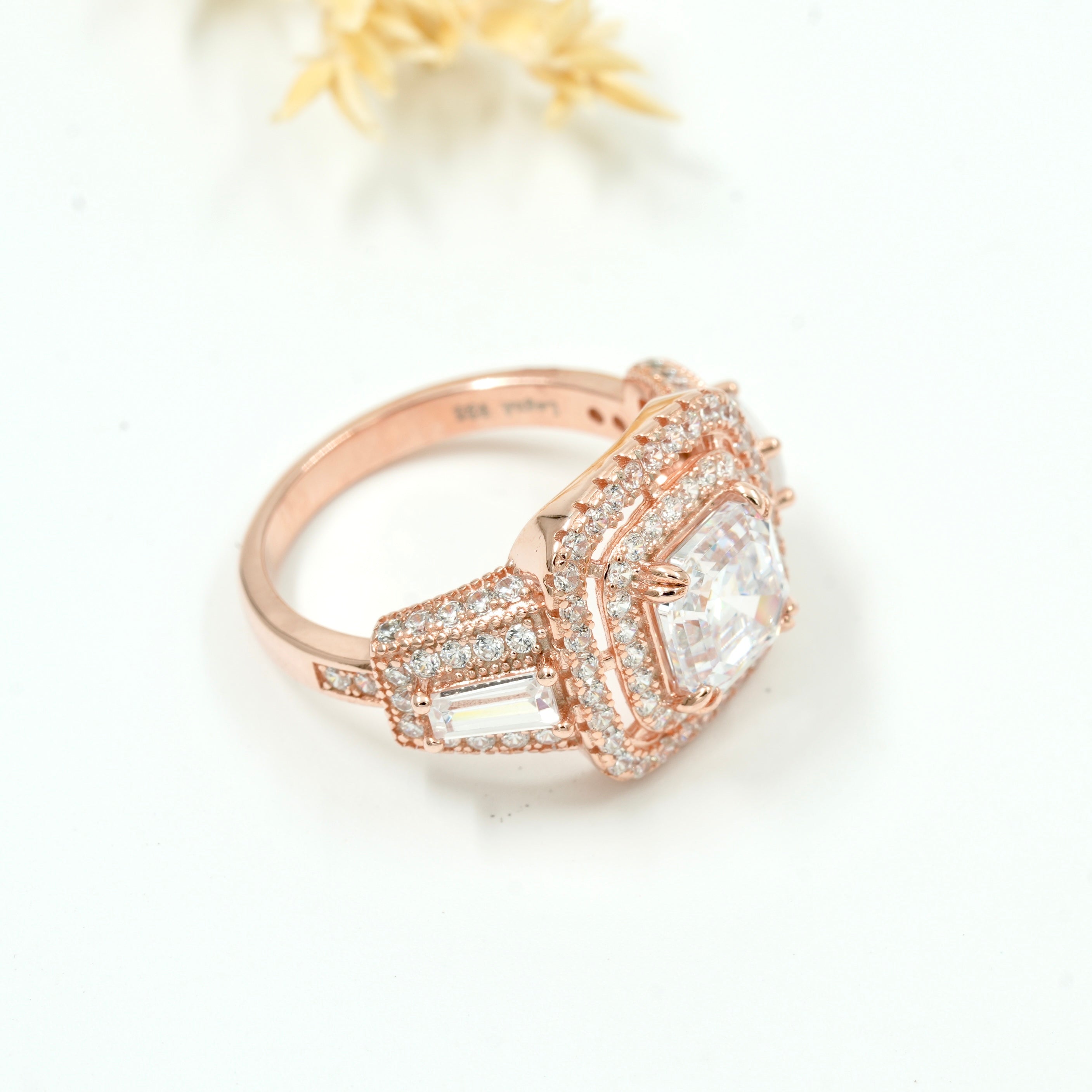 925 Silver Square Halo Statement Ring – White Zircon & Rose Gold Finish