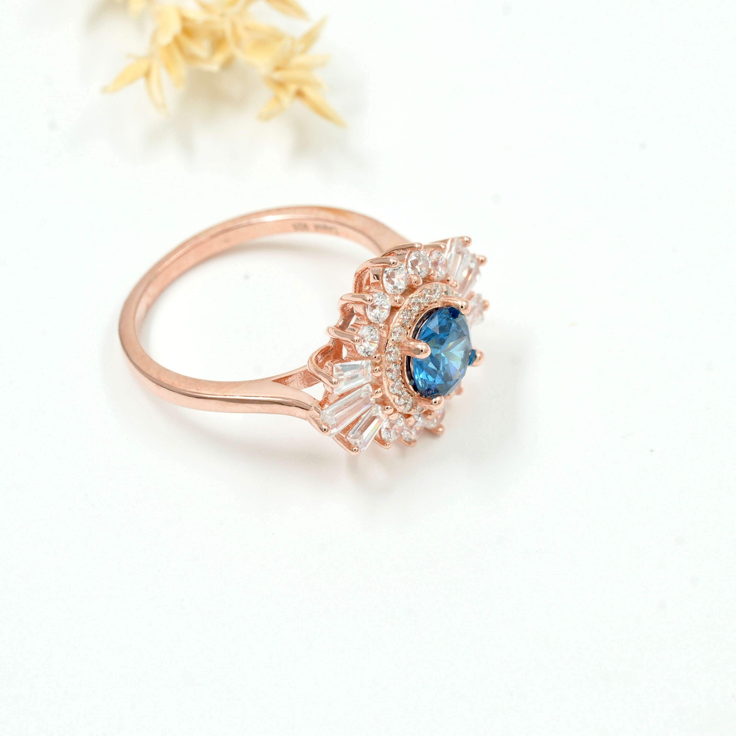 925 Silver Blue Sapphire Sunburst Halo Ring – Rose Gold Finish