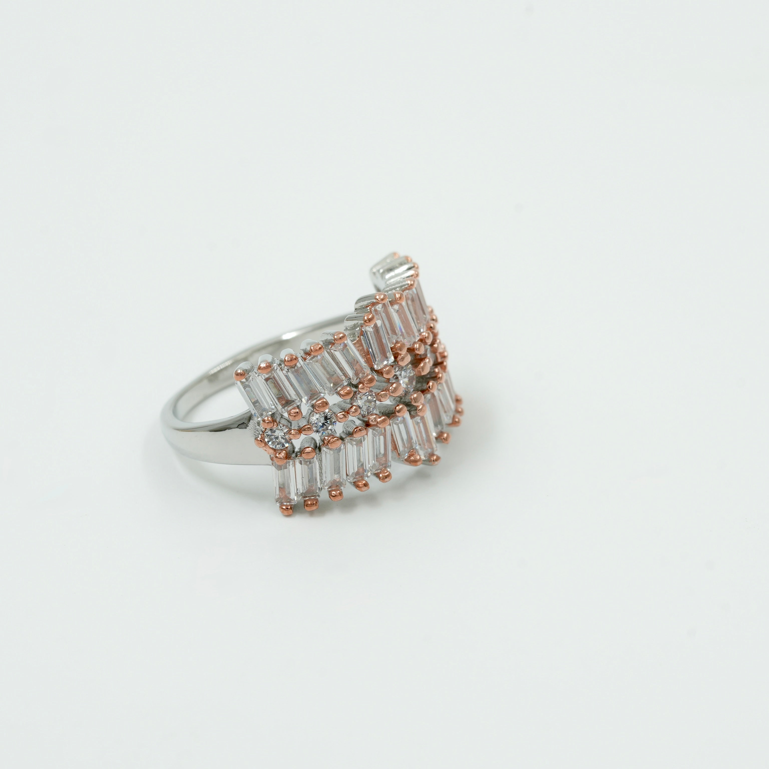 925 Silver Rose Gold Plated Designer Cocktail Ring – Baguette Cut Stones
