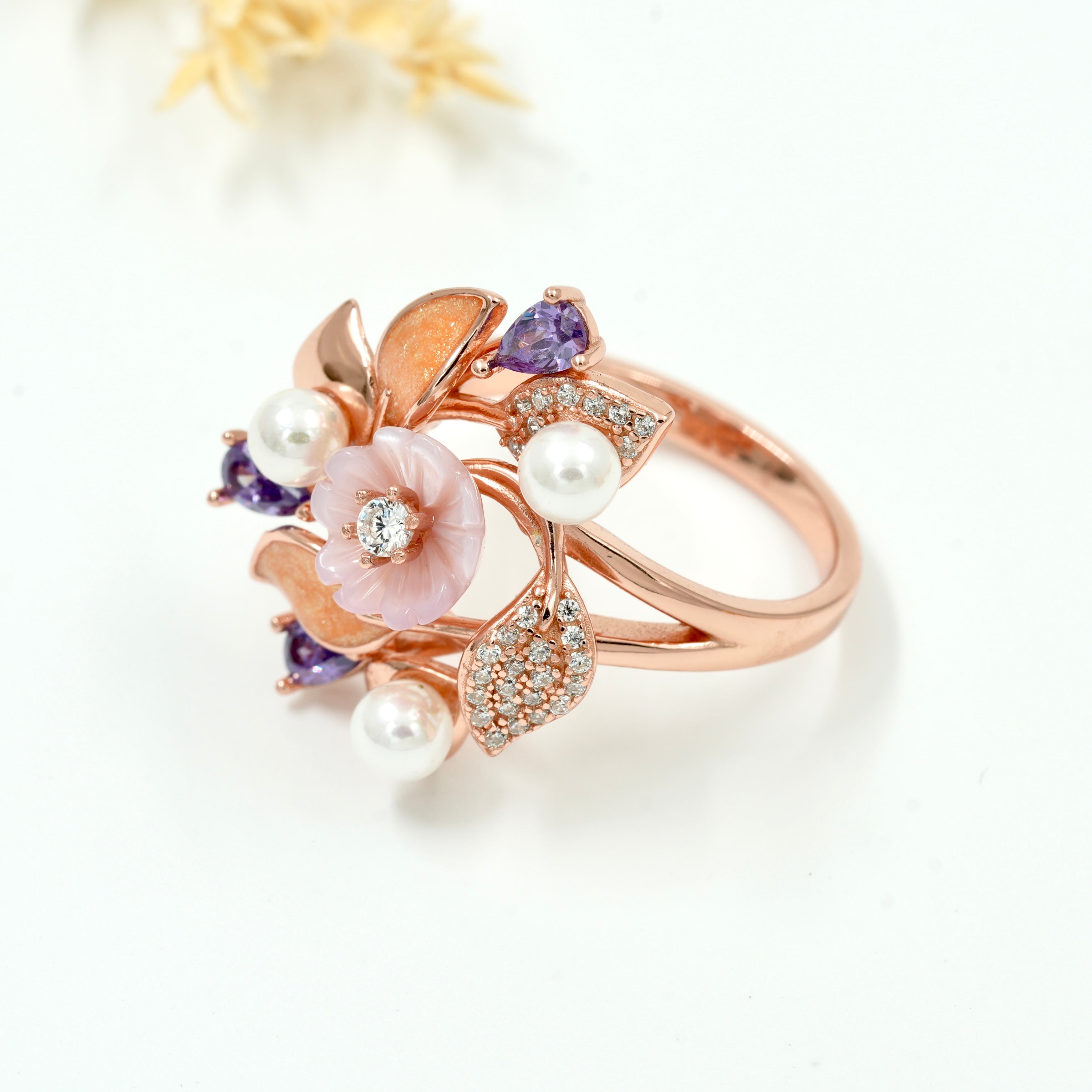 925 Silver Rose Gold Floral Pearl & Amethyst Statement Ring