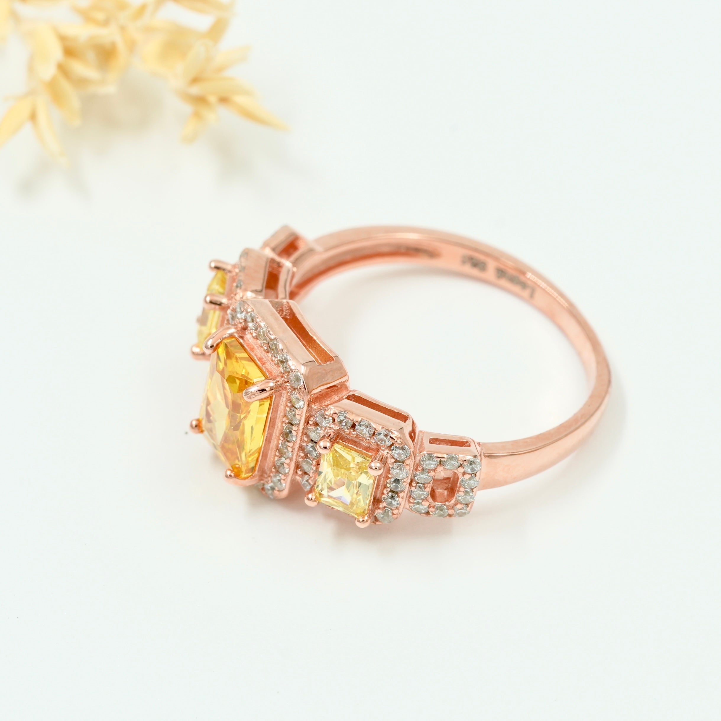 Rose Gold Plated 925 Silver Triple Stone Ring with American Diamond Halo – Available in Blue, Yellow & Peach