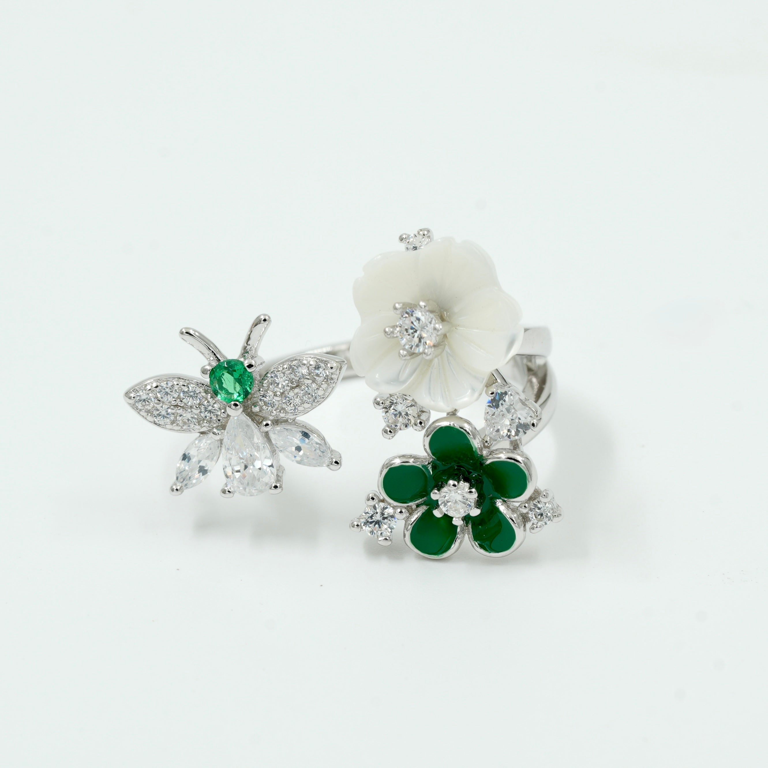 925 Silver Butterfly & Flower Adjustable Ring – Green & White Stone Design