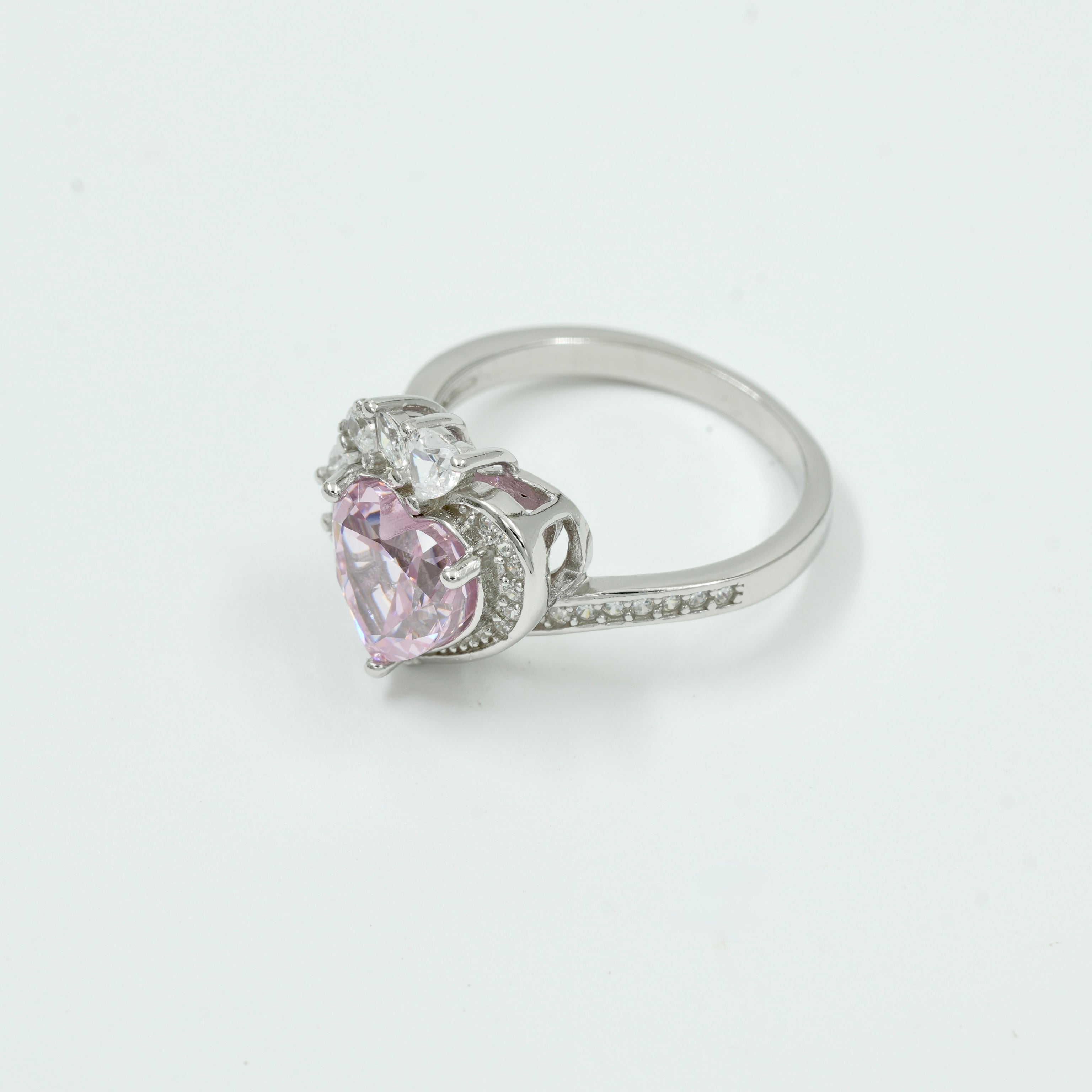 925 Silver Pink Heart Solitaire Ring with CZ Diamond Accents – Romantic Valentine Jewellery