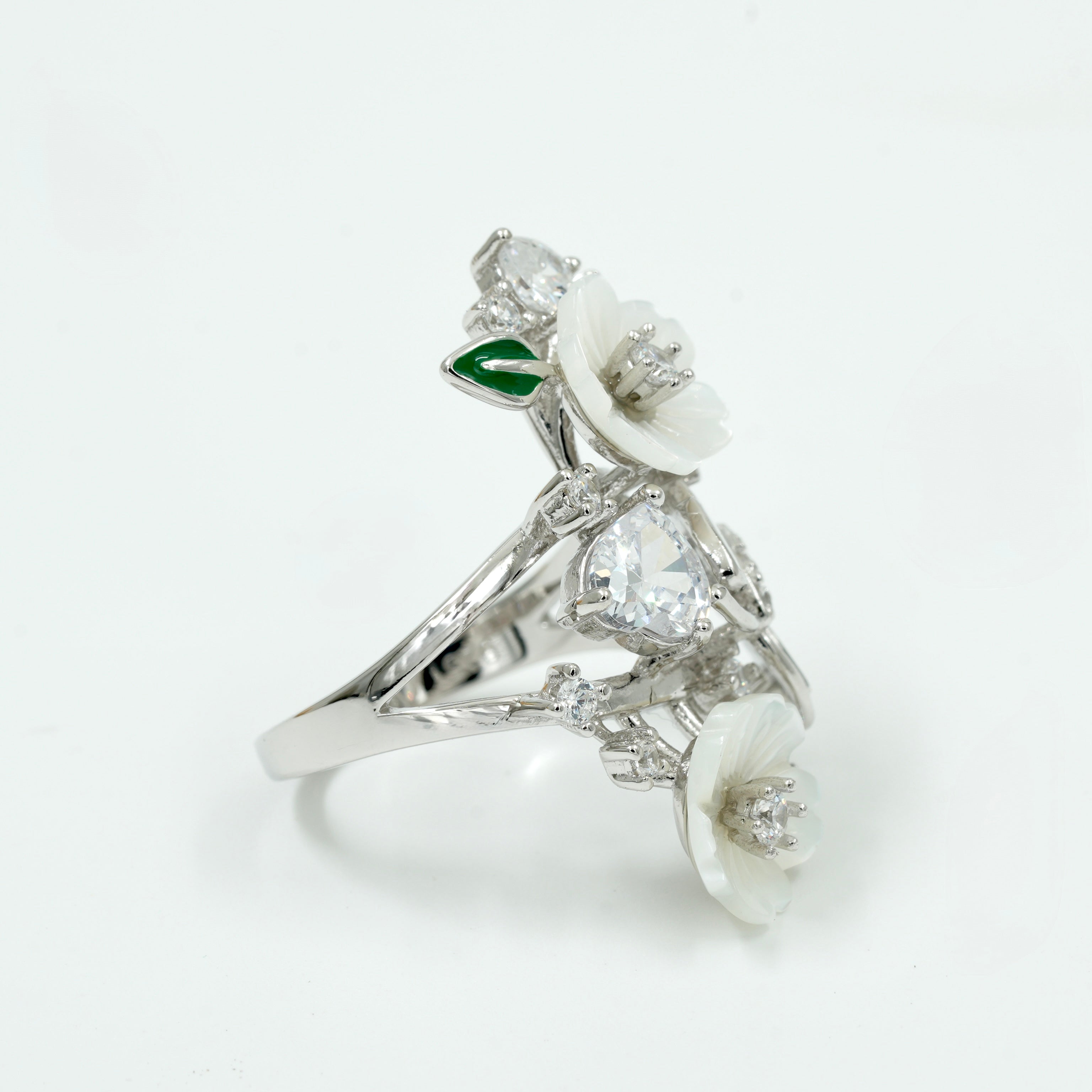 925 Silver Floral & Leaf Designer Ring with White Stone & Enamel Detailing