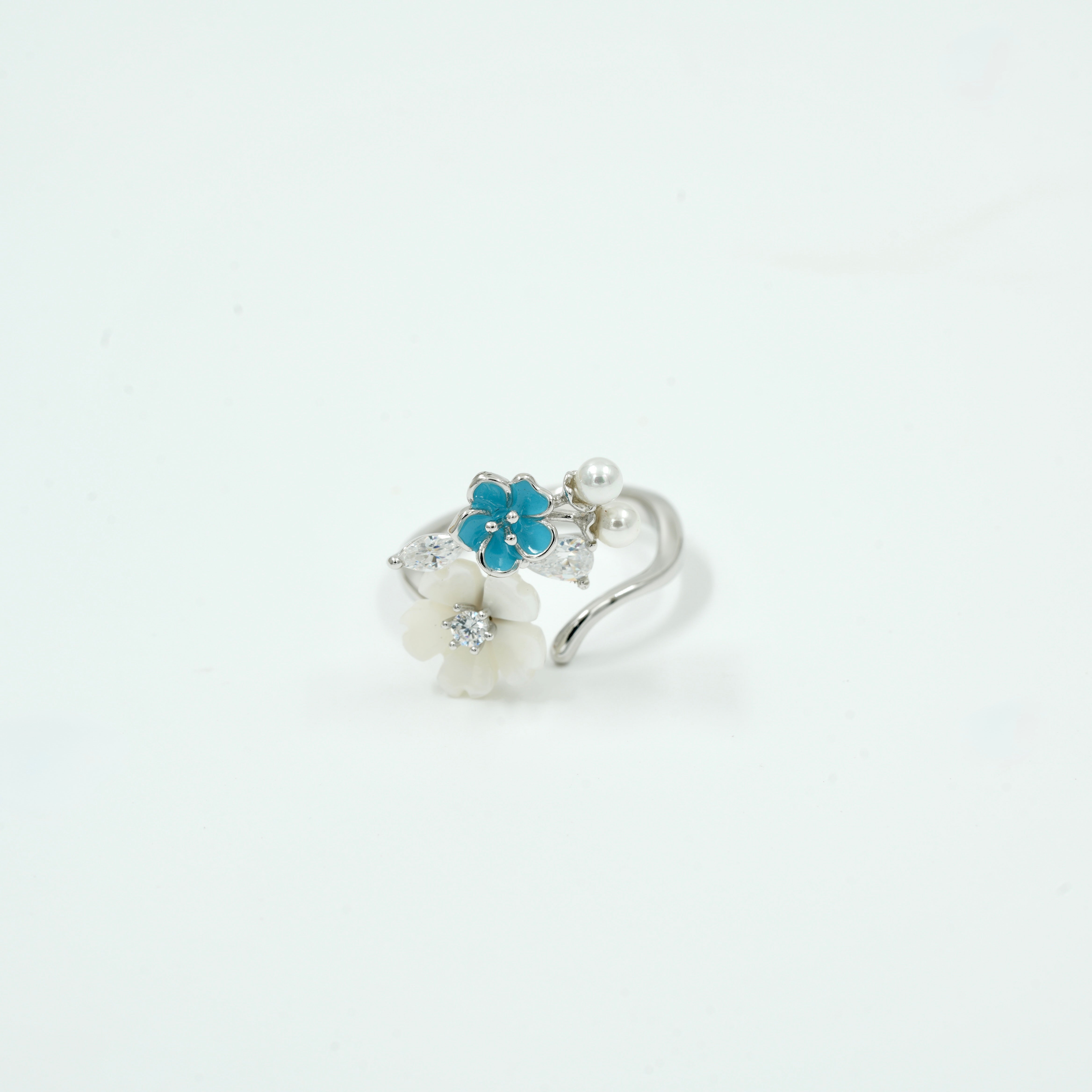 925 Silver Dual-Tone Floral Adjustable Ring with Enamel & Pearl
