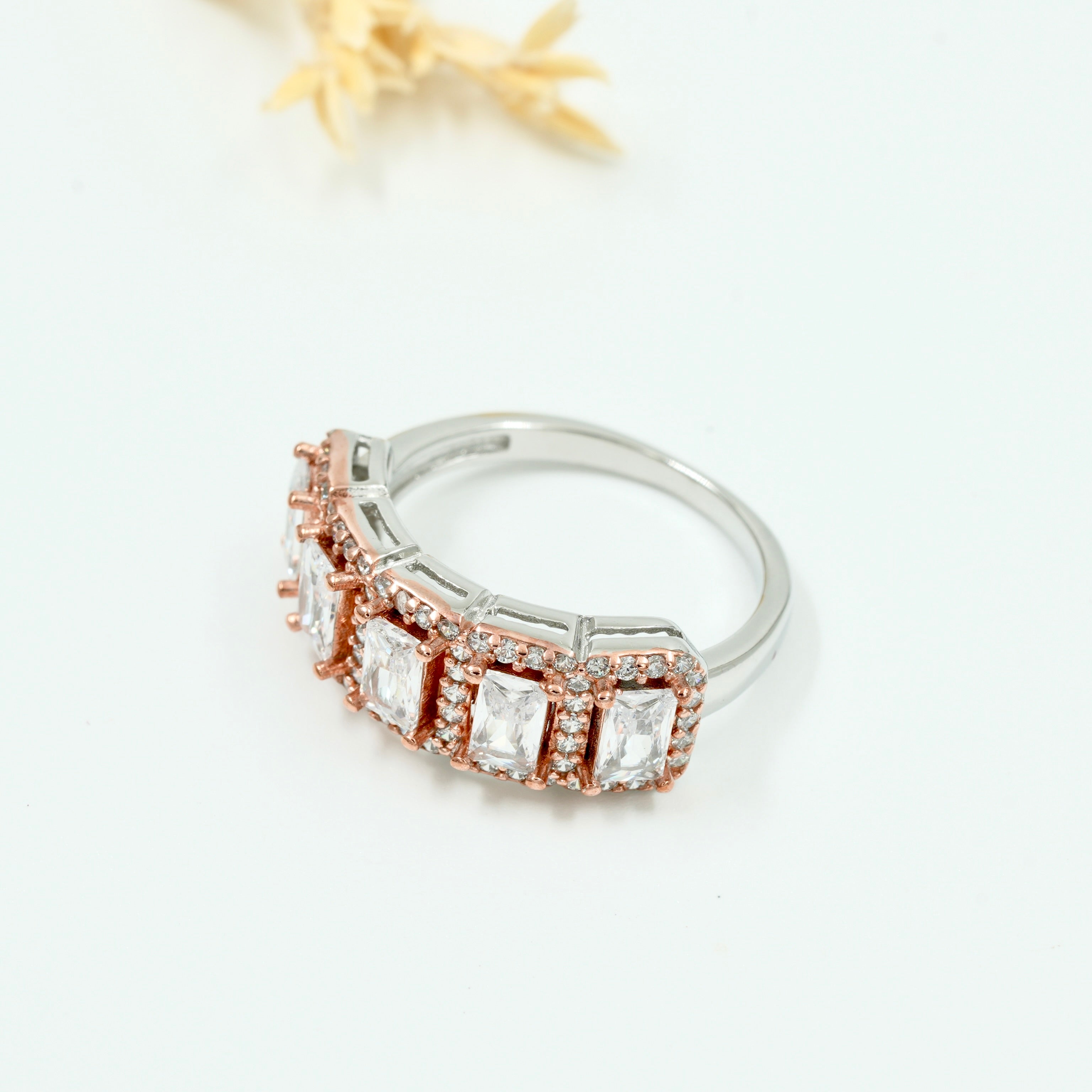 925 Silver Emerald Cut White Stone Rose-Gold Plated Band Ring