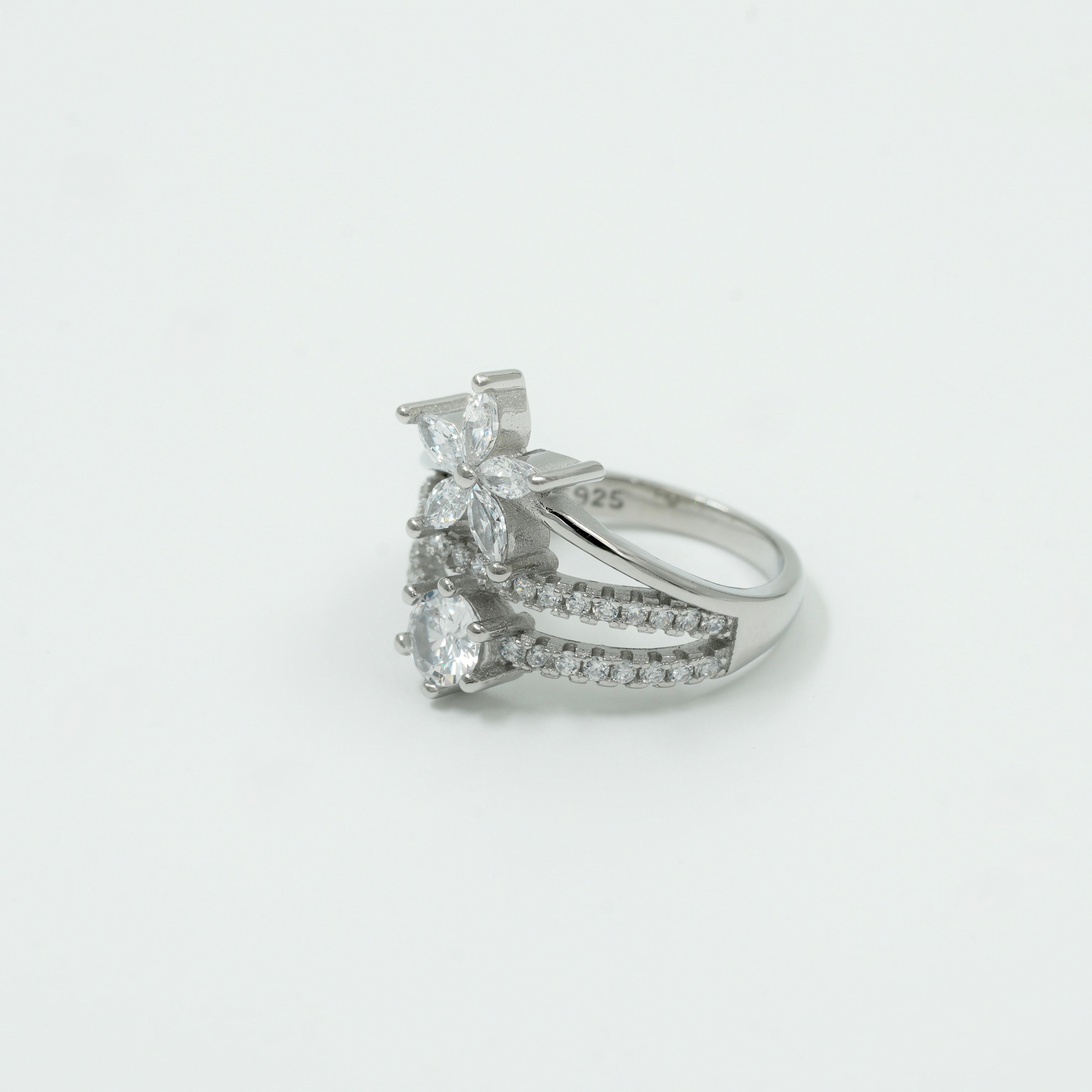 925 Silver Floral Double Layer CZ Diamond Ring