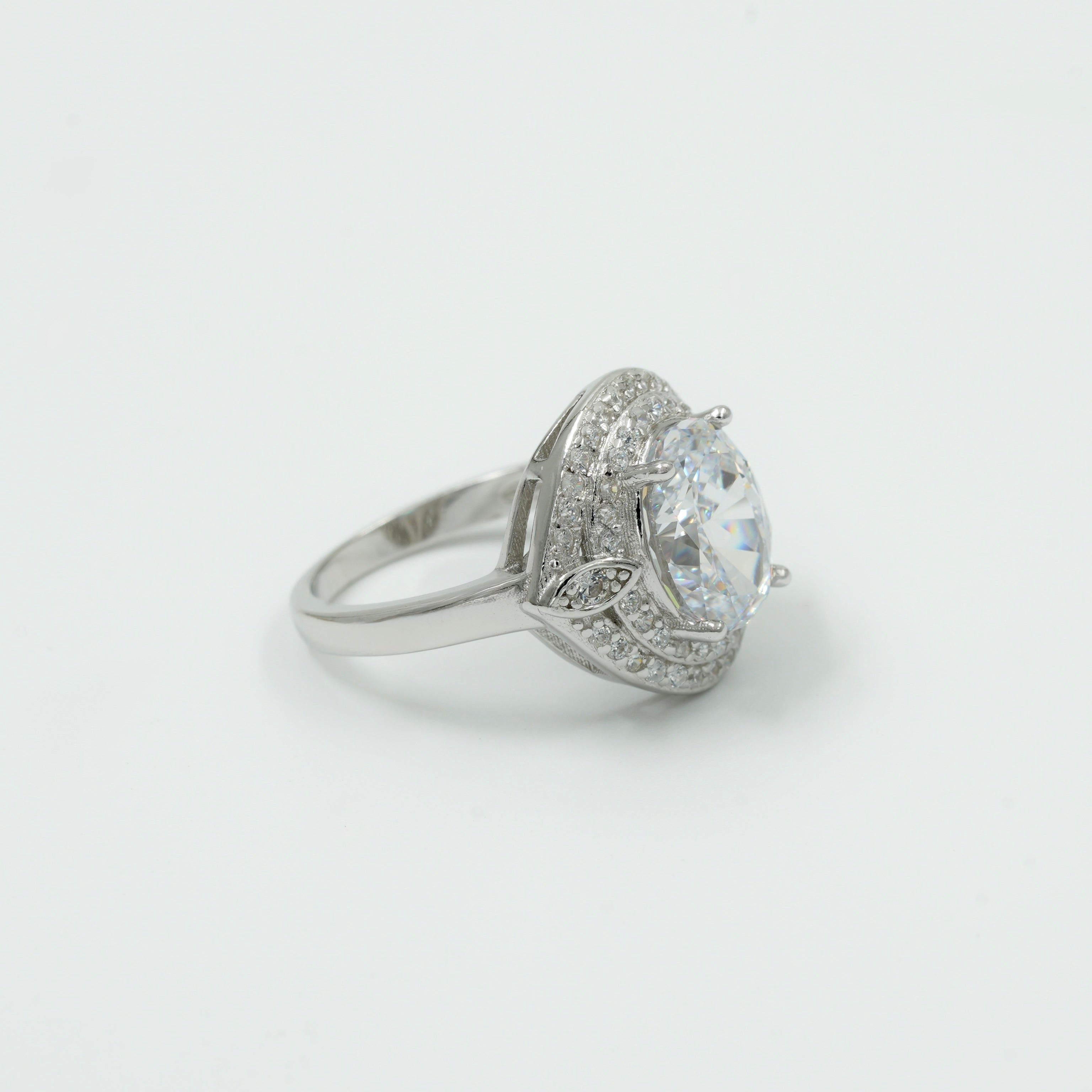 925 Silver Oval Halo Statement Ring with CZ Stones