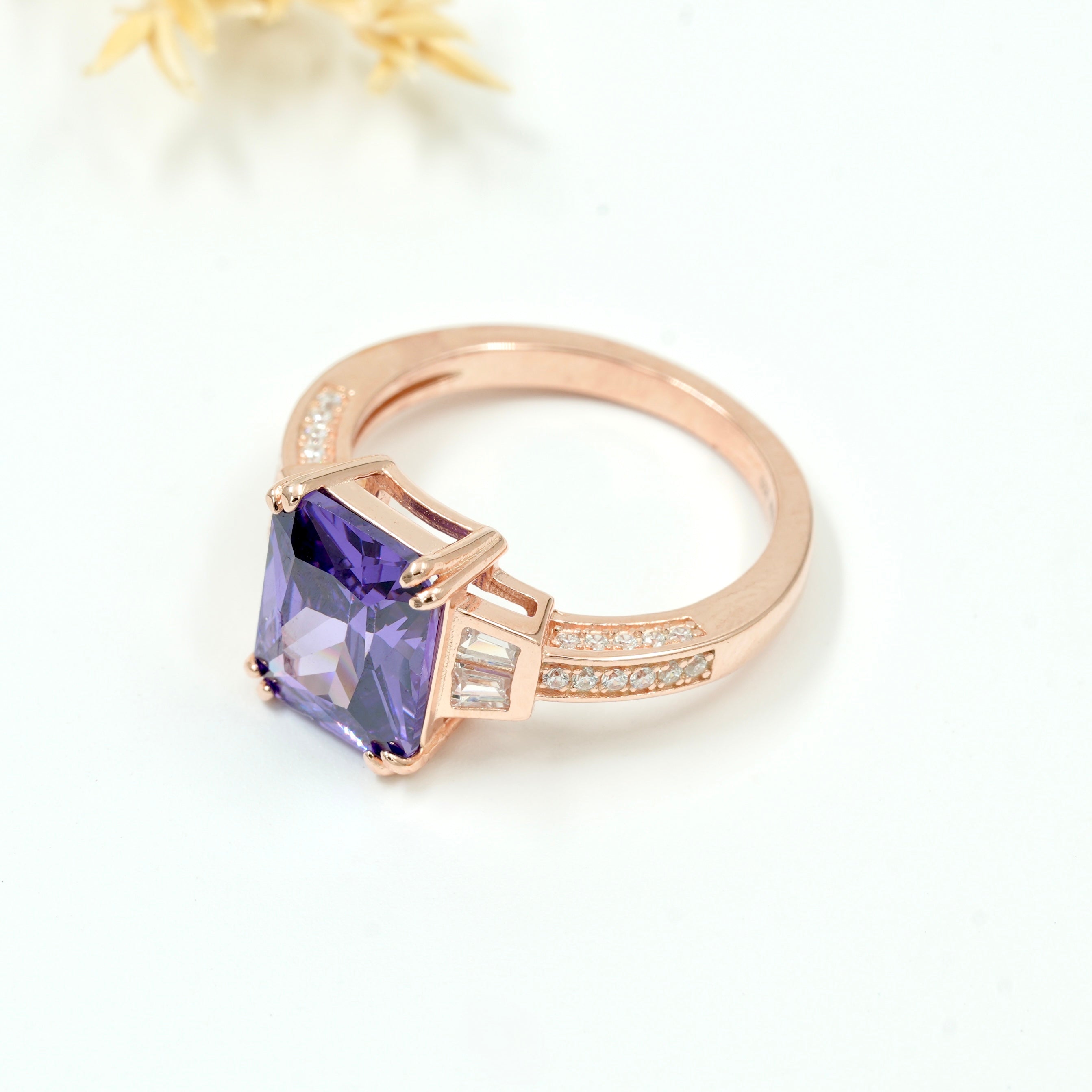 925 Silver Rose Gold Plated Ring with Purple Square-Cut Stone & Side Diamonds