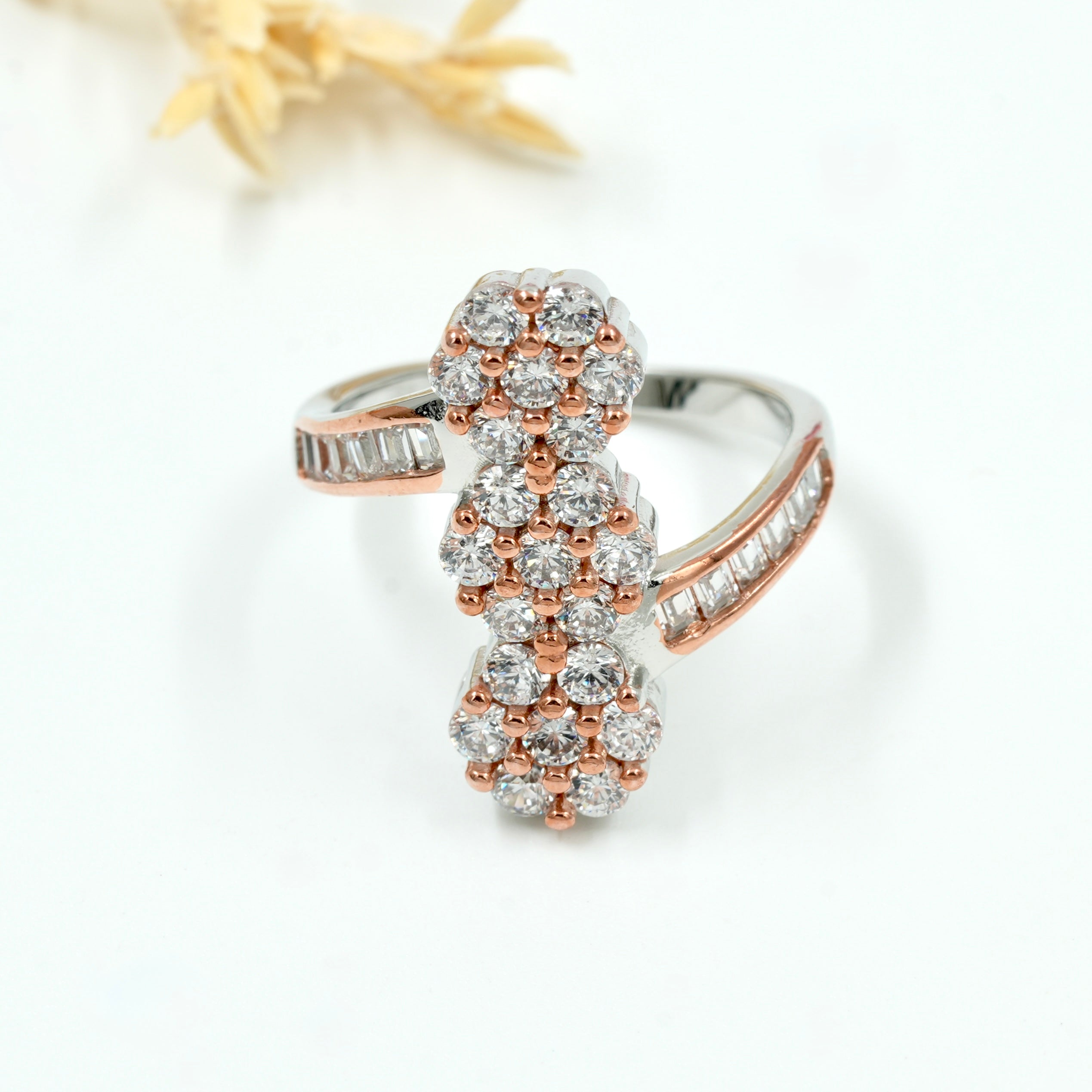 925 Silver Double Row CZ Cluster Ring – Rose Gold & Silver Finish