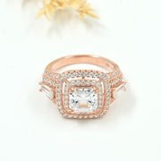 925 Silver Square Halo Statement Ring – White Zircon & Rose Gold Finish