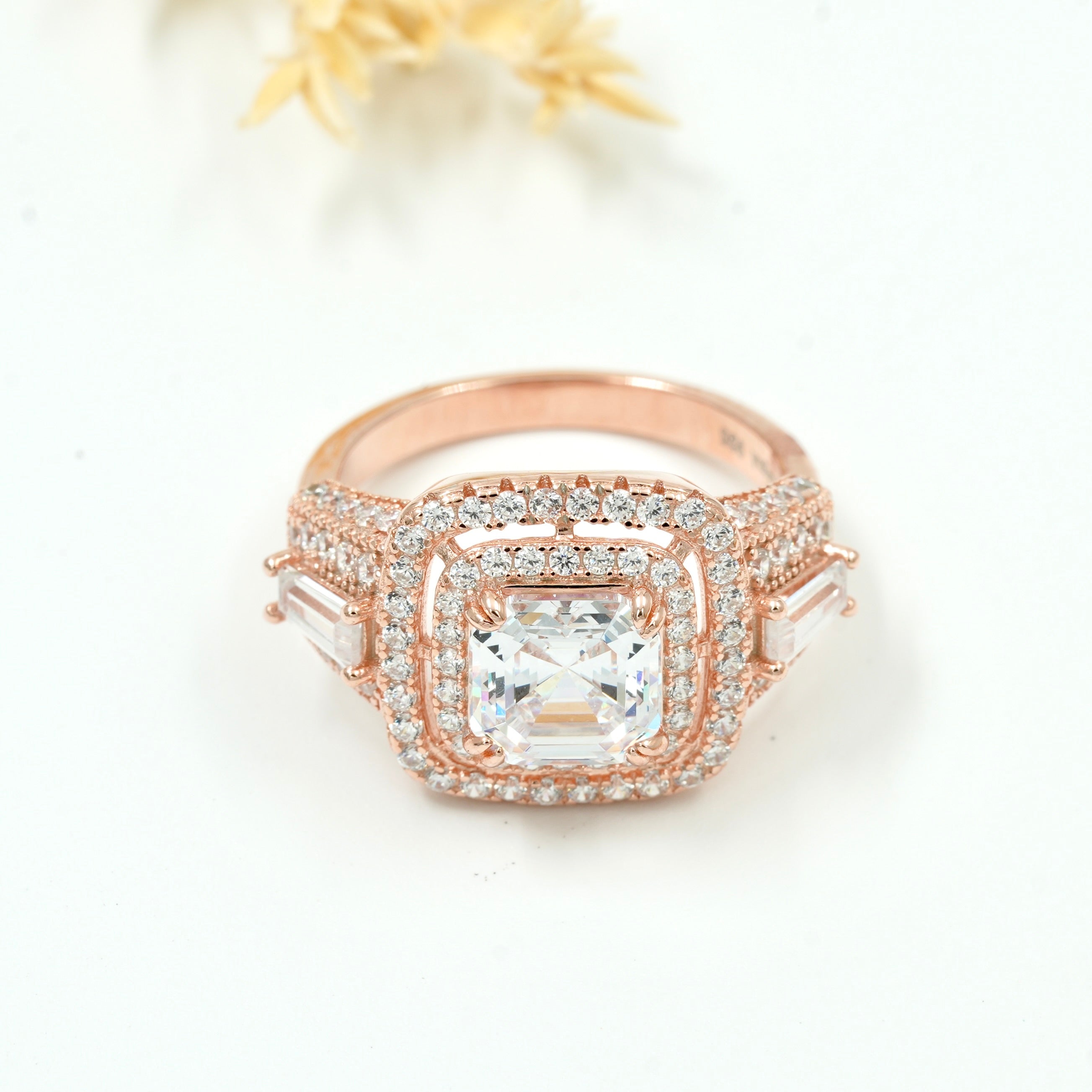 925 Silver Square Halo Statement Ring – White Zircon & Rose Gold Finish
