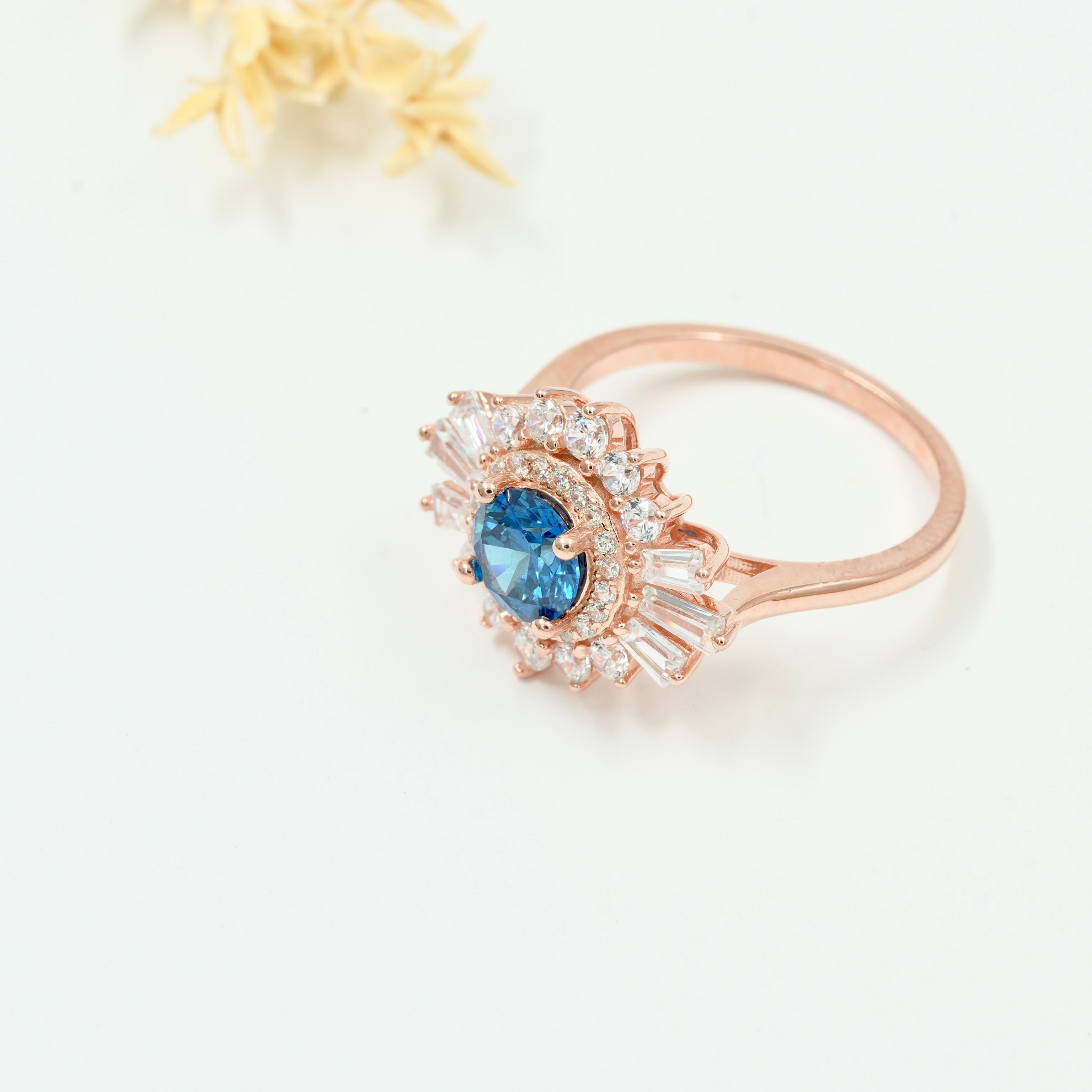 925 Silver Blue Sapphire Sunburst Halo Ring – Rose Gold Finish