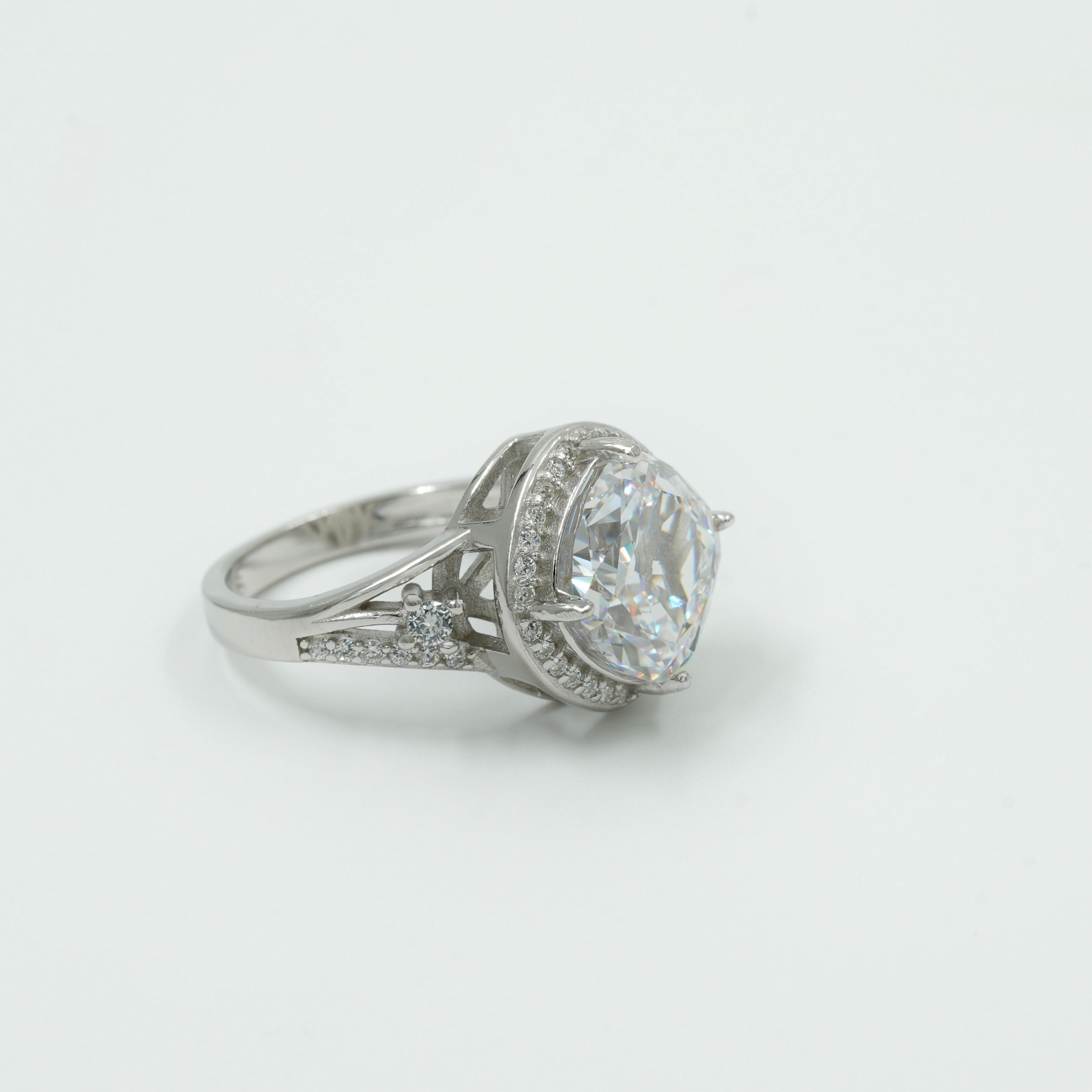 925 Silver Cushion Cut Halo Engagement Ring with Round Brilliant Stone