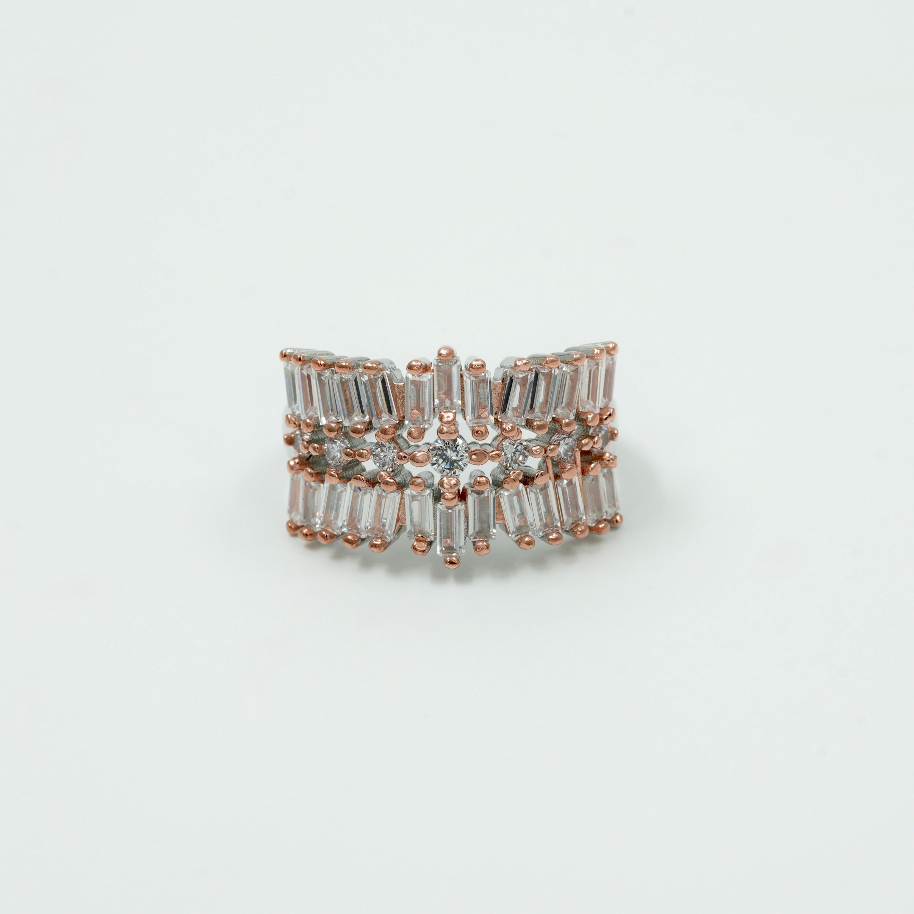 925 Silver Rose Gold Plated Designer Cocktail Ring – Baguette Cut Stones