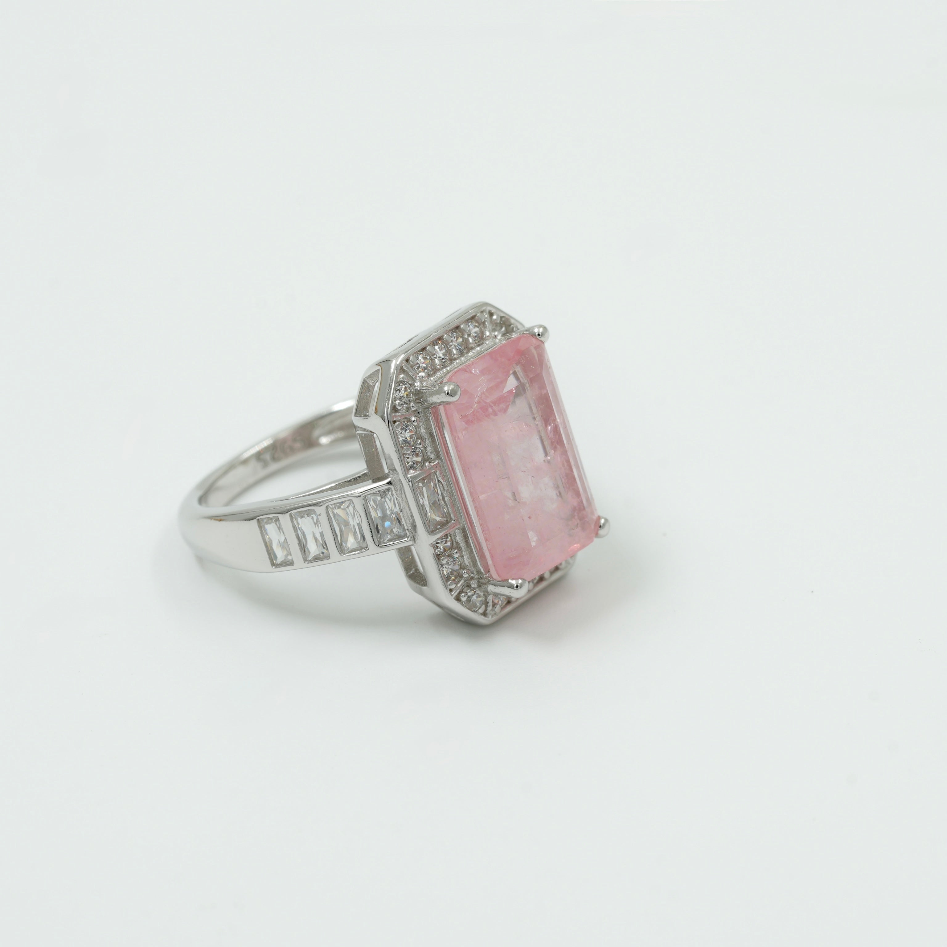925 Silver Pink Emerald-Cut Statement Ring with Halo Diamonds