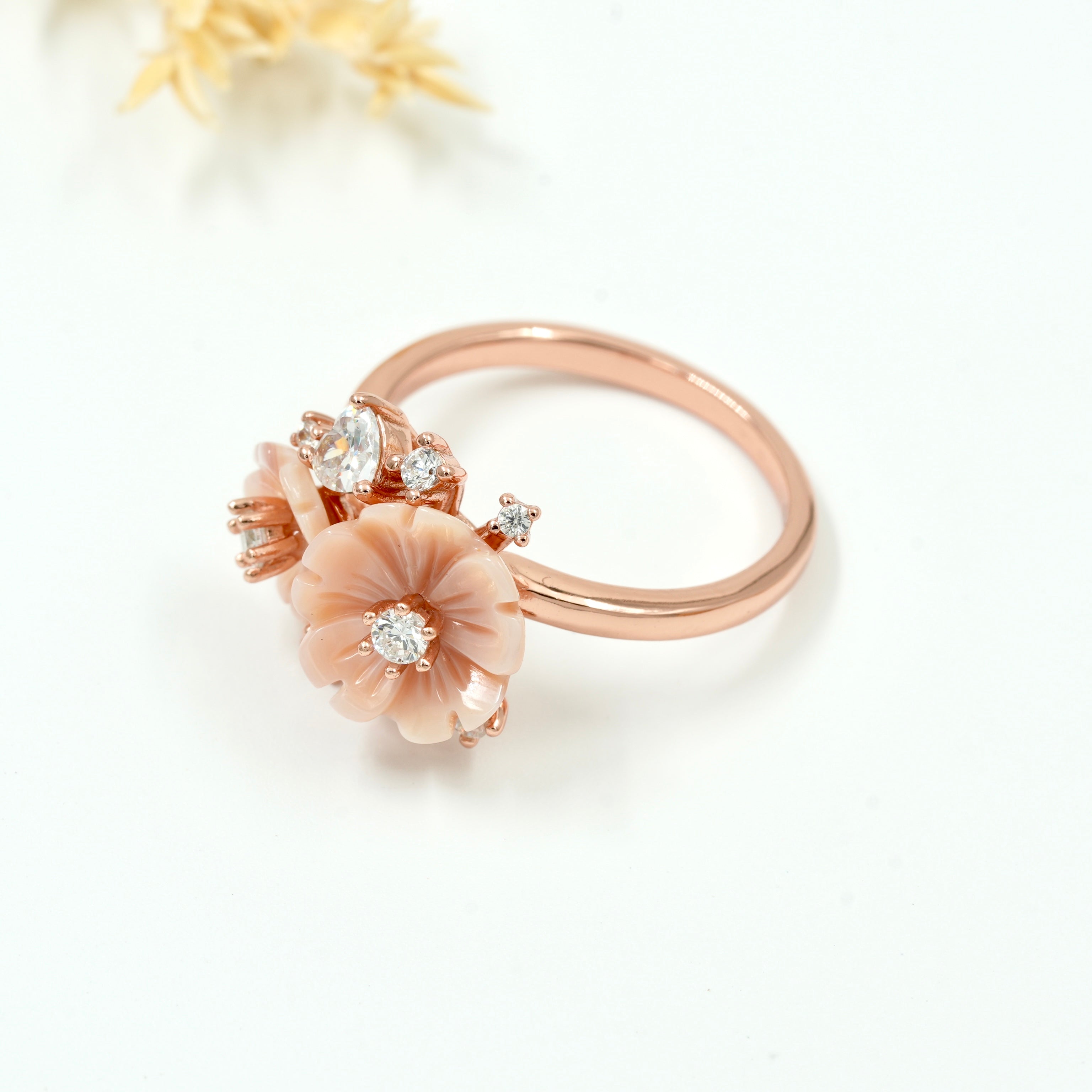 925 Silver Rose Gold Floral Pearl & Stone Designer Ring – Unique Nature Inspired Statement