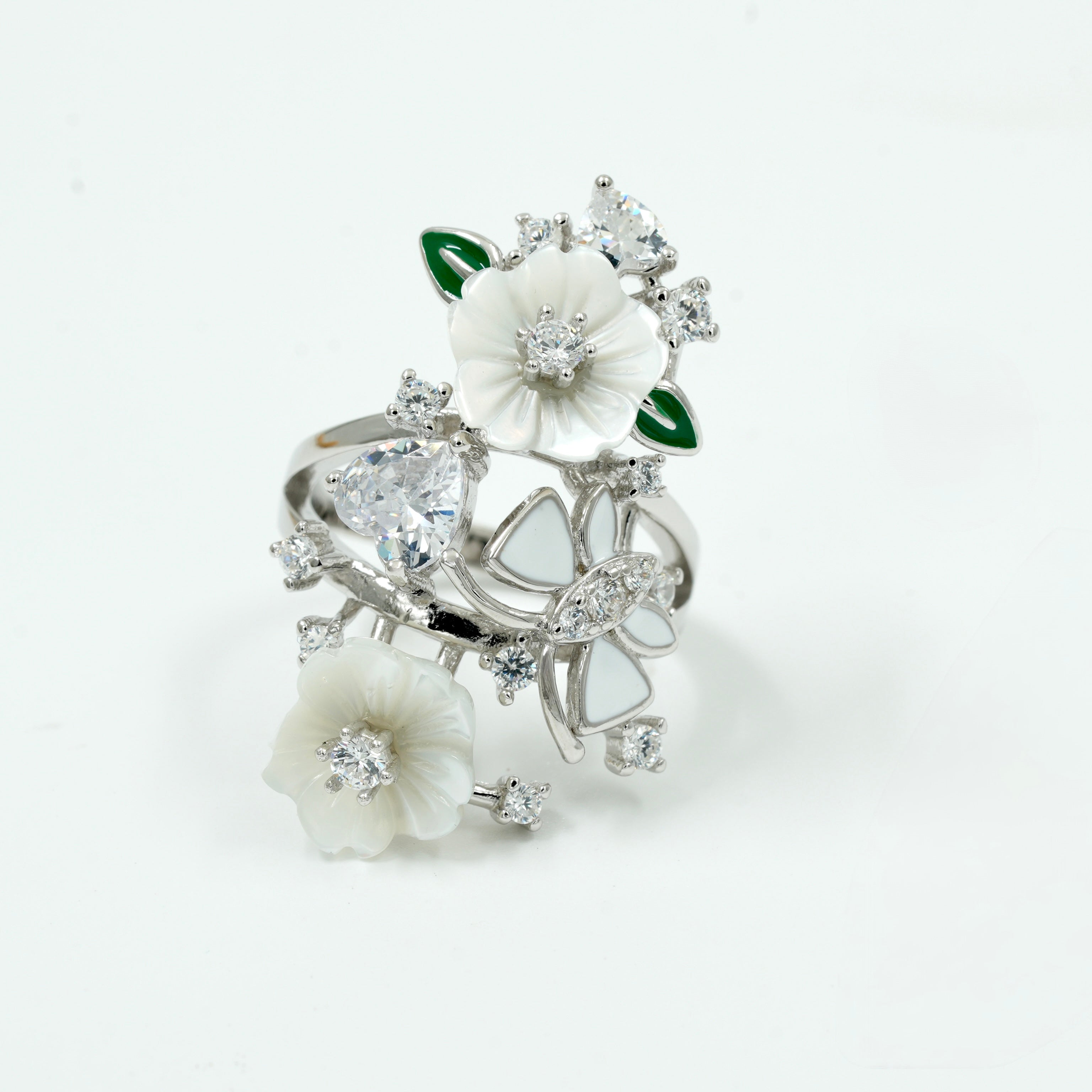 925 Silver Floral & Leaf Designer Ring with White Stone & Enamel Detailing