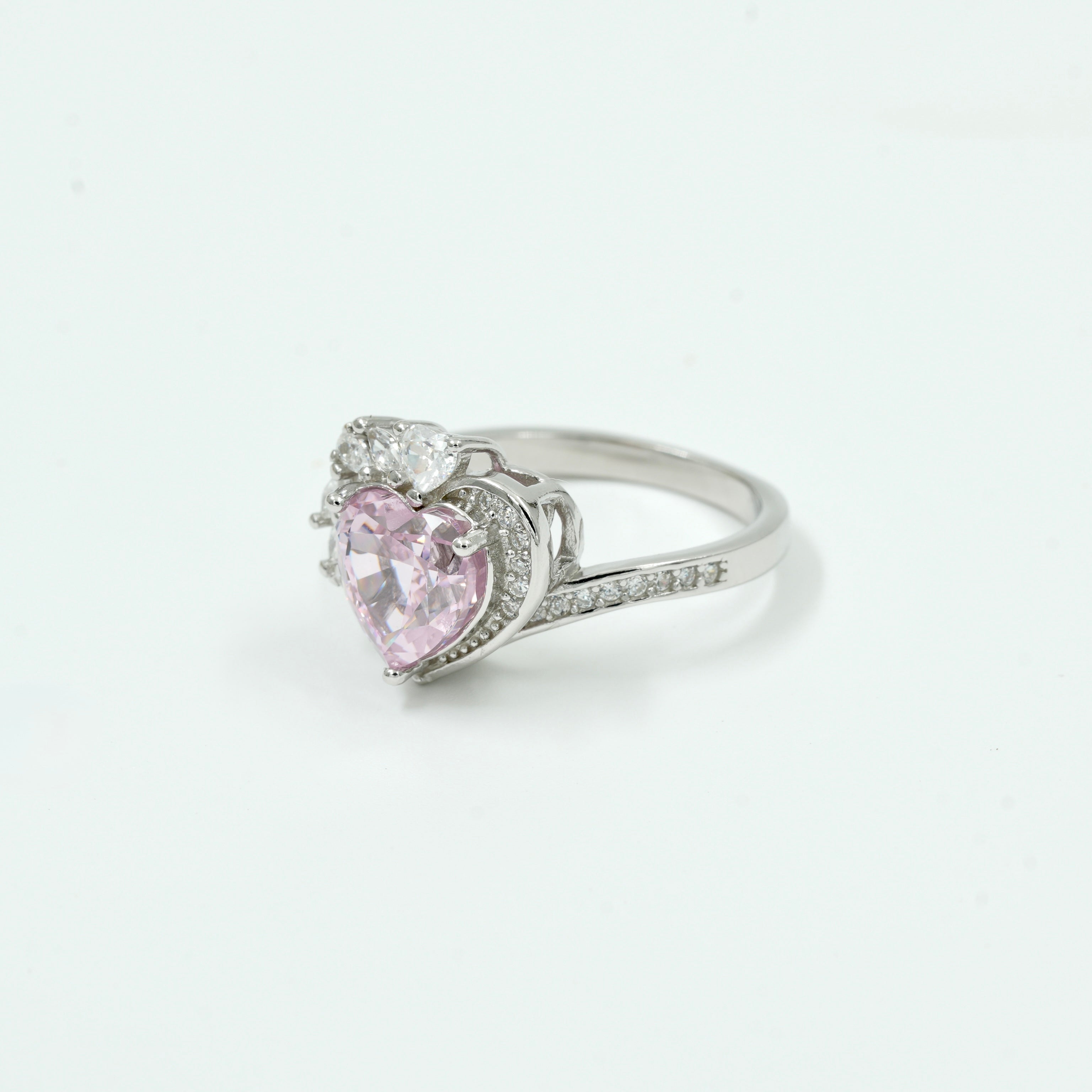 925 Silver Pink Heart Solitaire Ring with CZ Diamond Accents – Romantic Valentine Jewellery