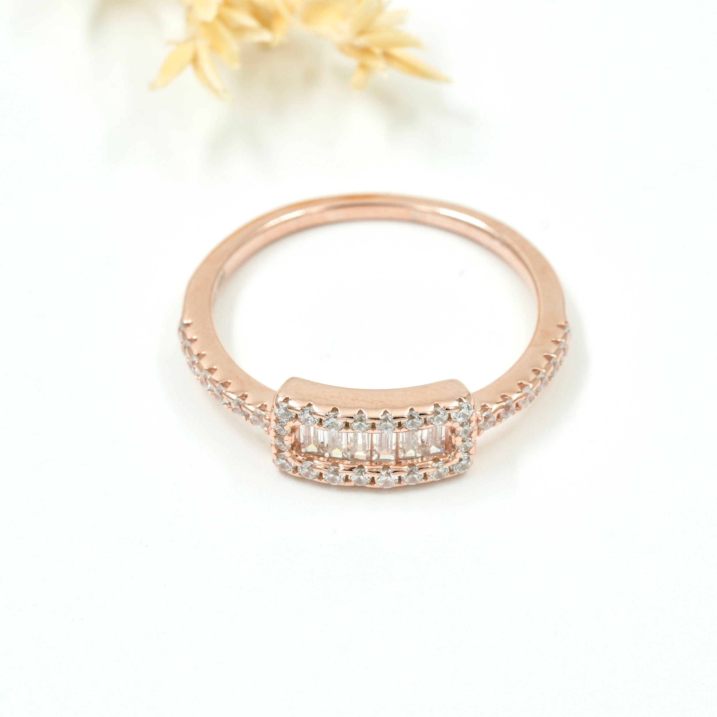Rose Gold 925 Silver Rectangle Cluster Ring – Elegant Modern Design