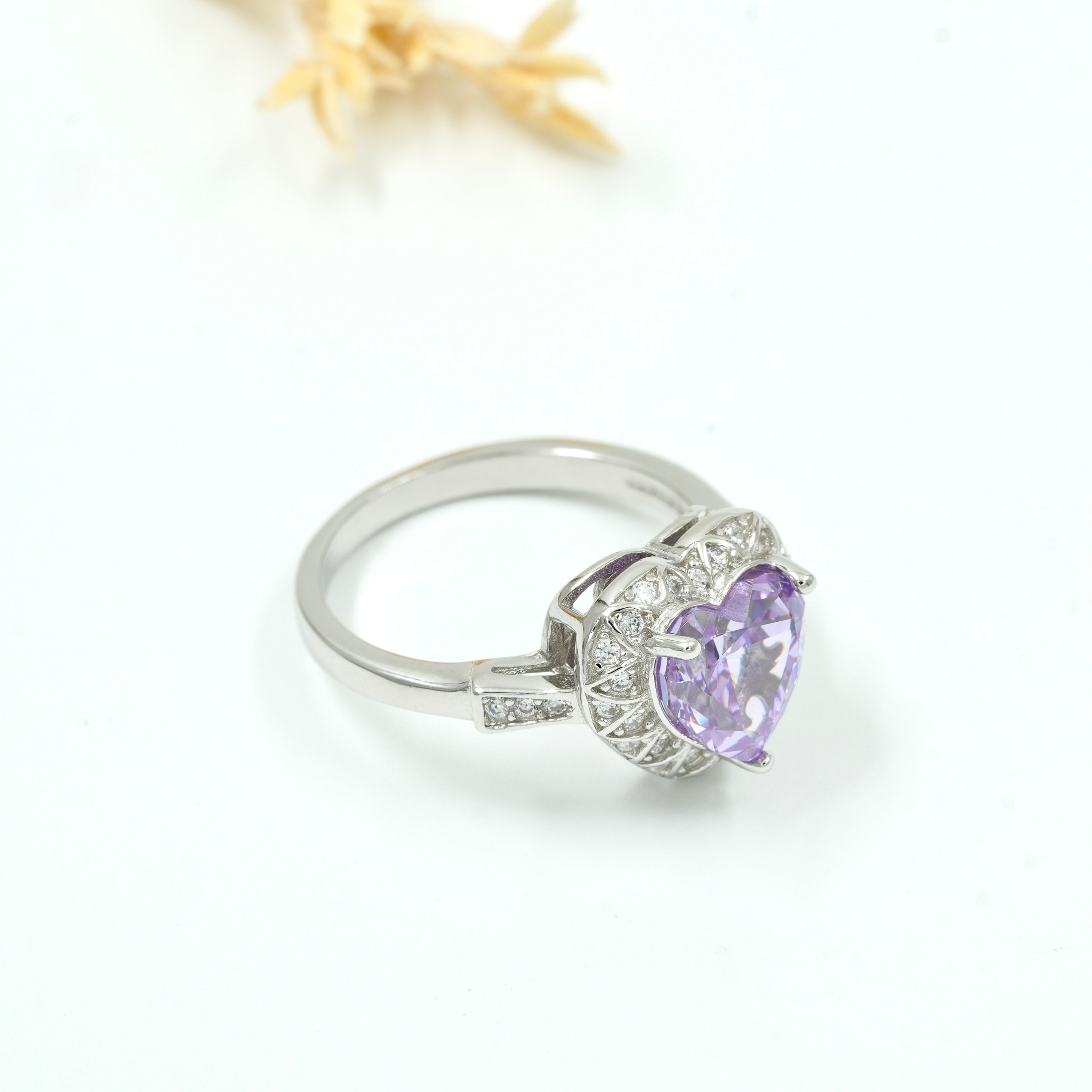 925 Silver Heart-Shaped Purple Gemstone Ring with Diamond Accents