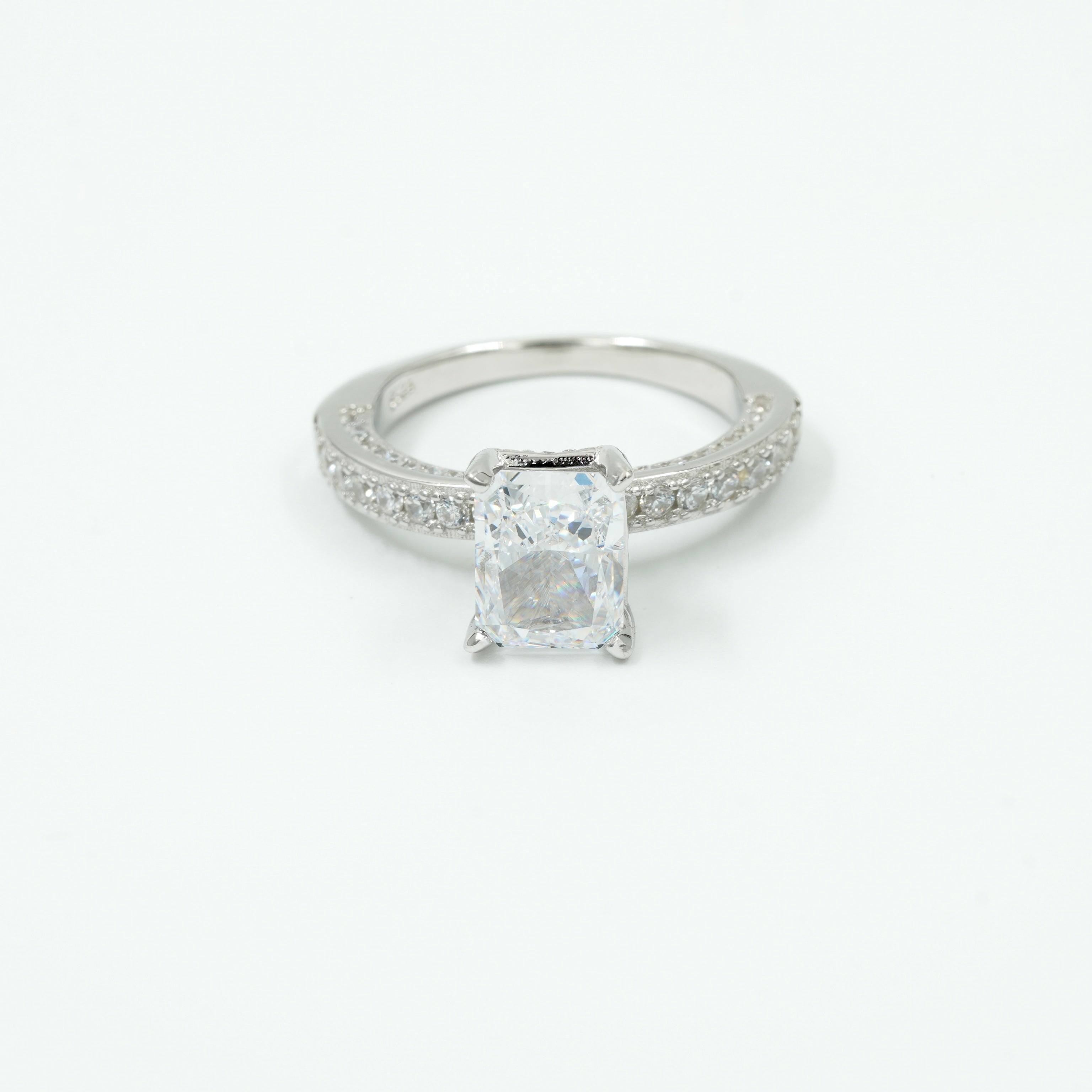 925 Silver Cushion-Cut Solitaire Engagement Ring with Diamond Accents