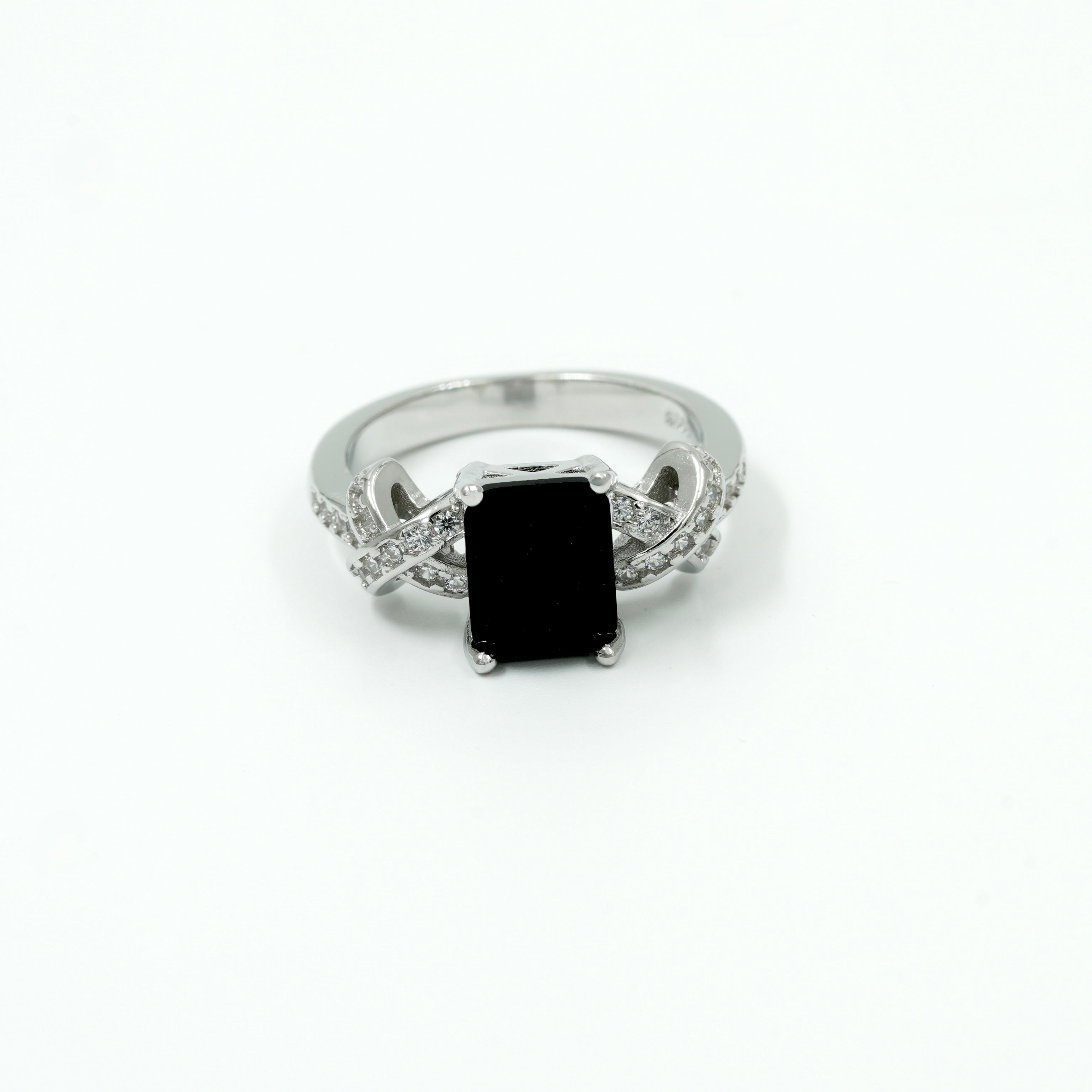 925 Silver Black Solitaire Ring with CZ Accents | Elegant Women’s Statement Ring