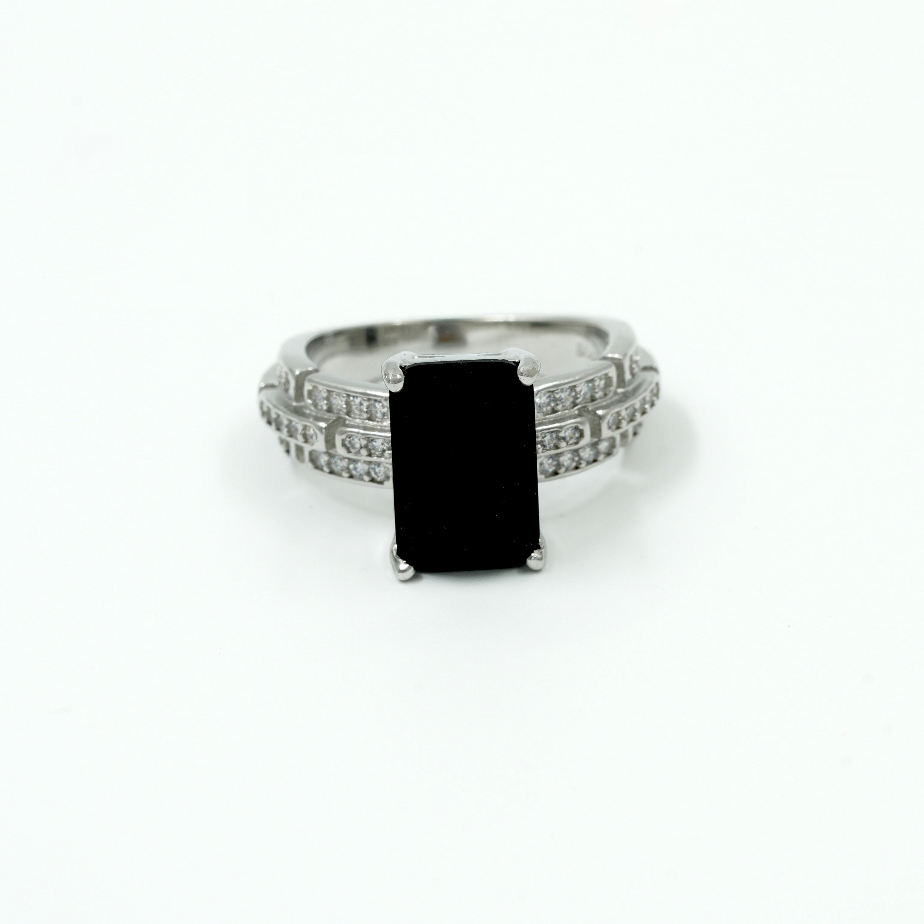 925 Sterling Silver Black Onyx Rectangle Ring with CZ Detailing – Statement Jewellery for Men & Women