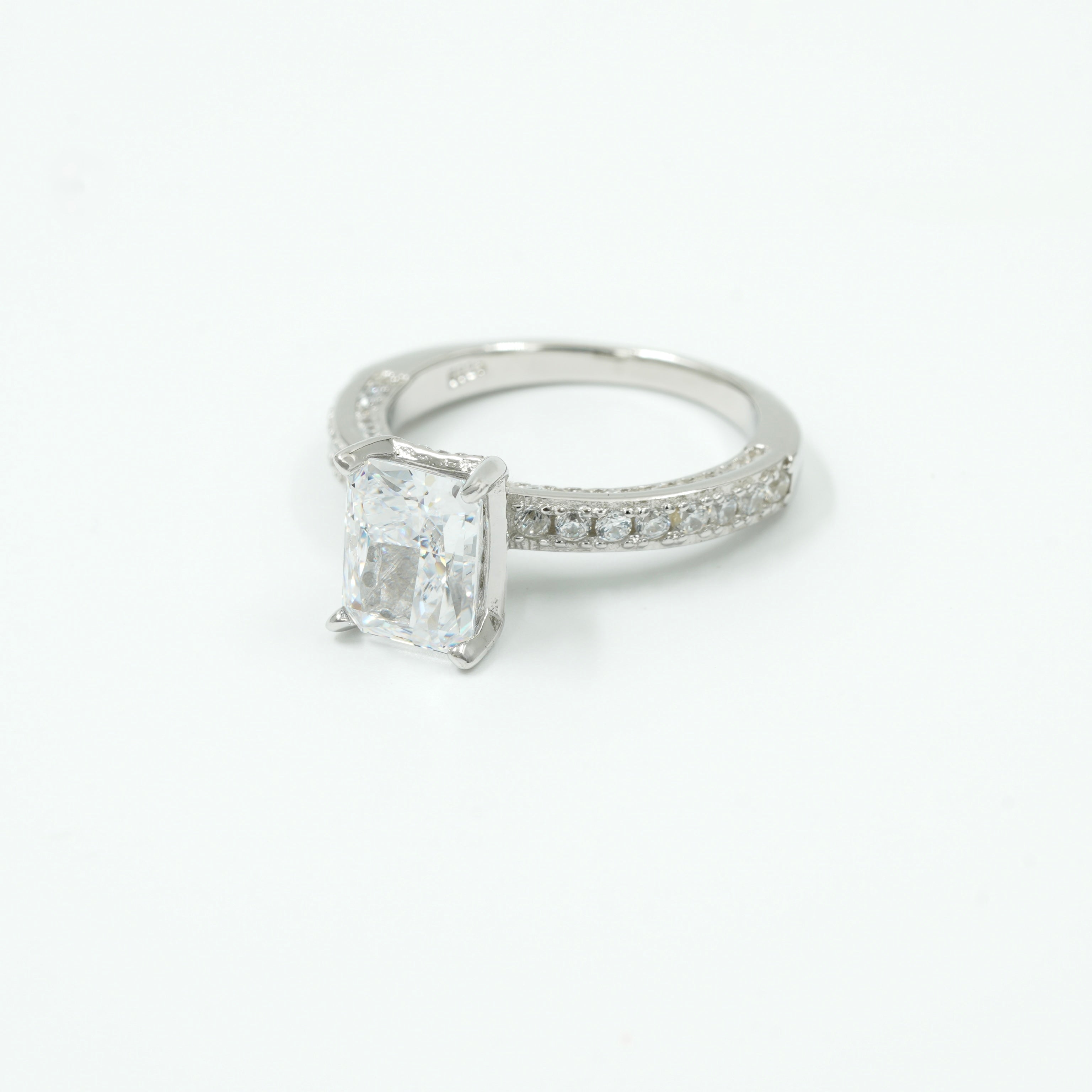 925 Silver Cushion-Cut Solitaire Engagement Ring with Diamond Accents