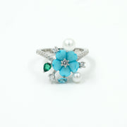 925 Silver Blue Flower & Pearl Statement Ring with Green and White Gemstones