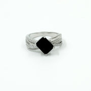 925 Silver Princess Cut Black Stone Ring with Diamond Accent Detailing
