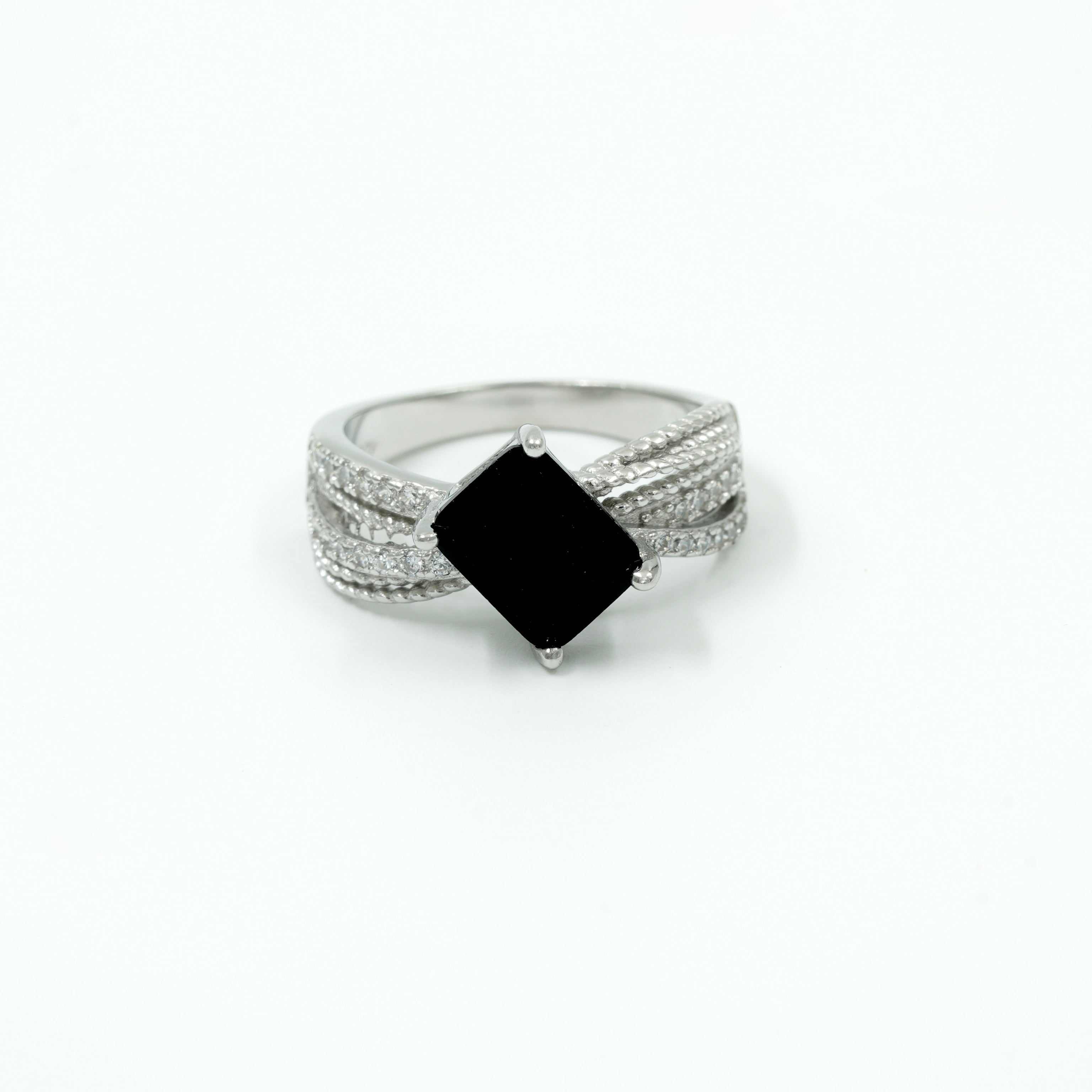925 Silver Princess Cut Black Stone Ring with Diamond Accent Detailing