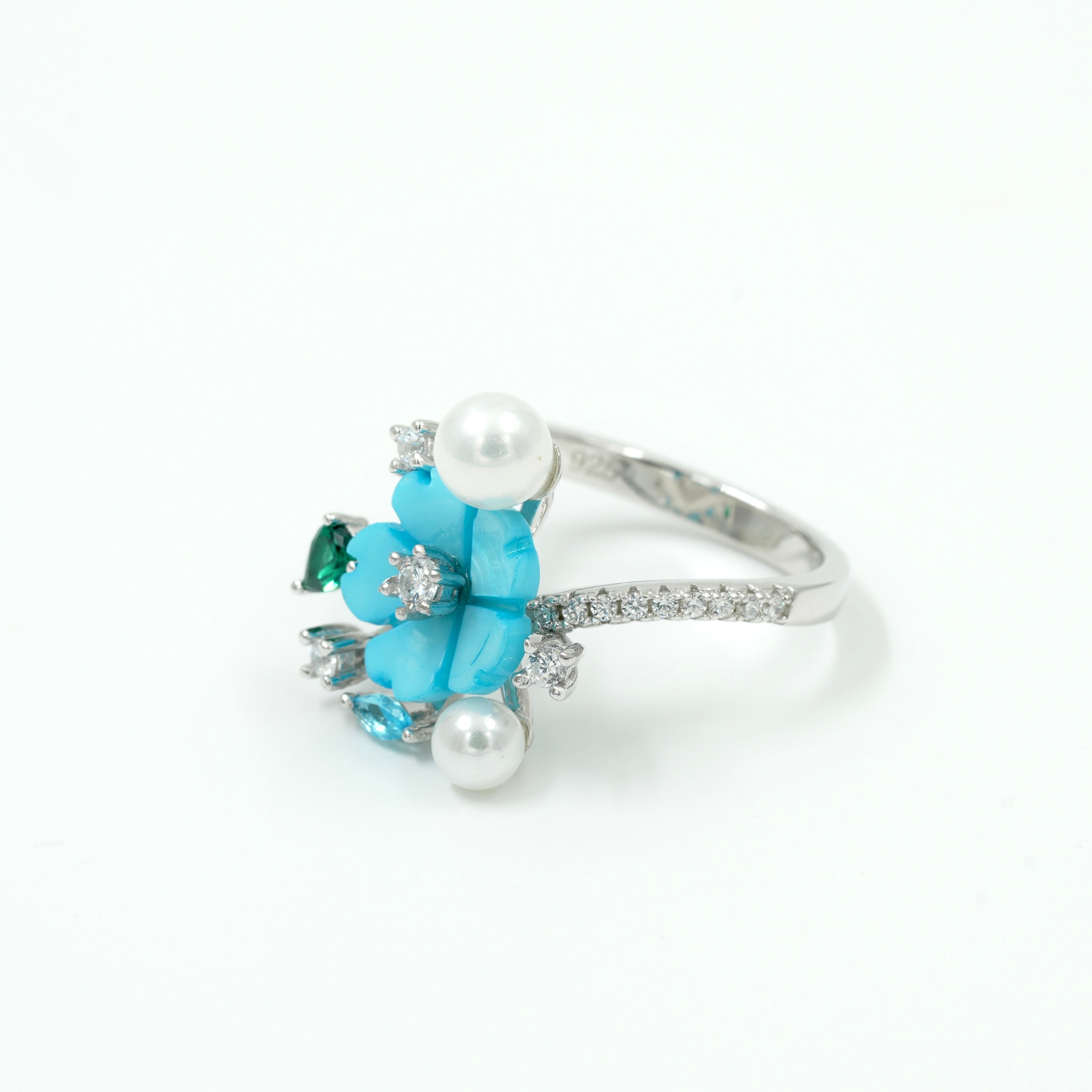 925 Silver Blue Flower & Pearl Statement Ring with Green and White Gemstones