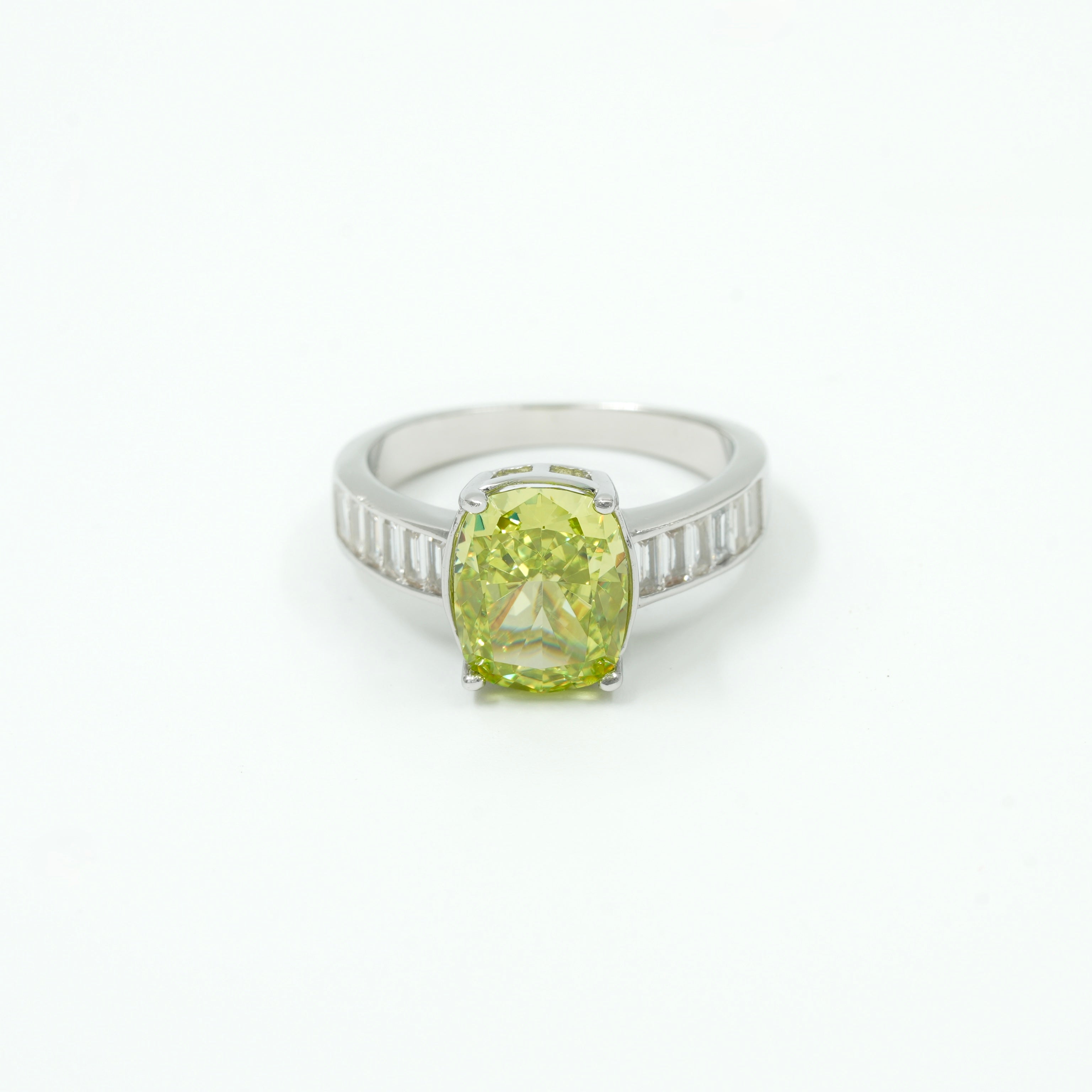 925 Silver Cushion Cut Lime-Green Solitaire Ring with Diamond Accents