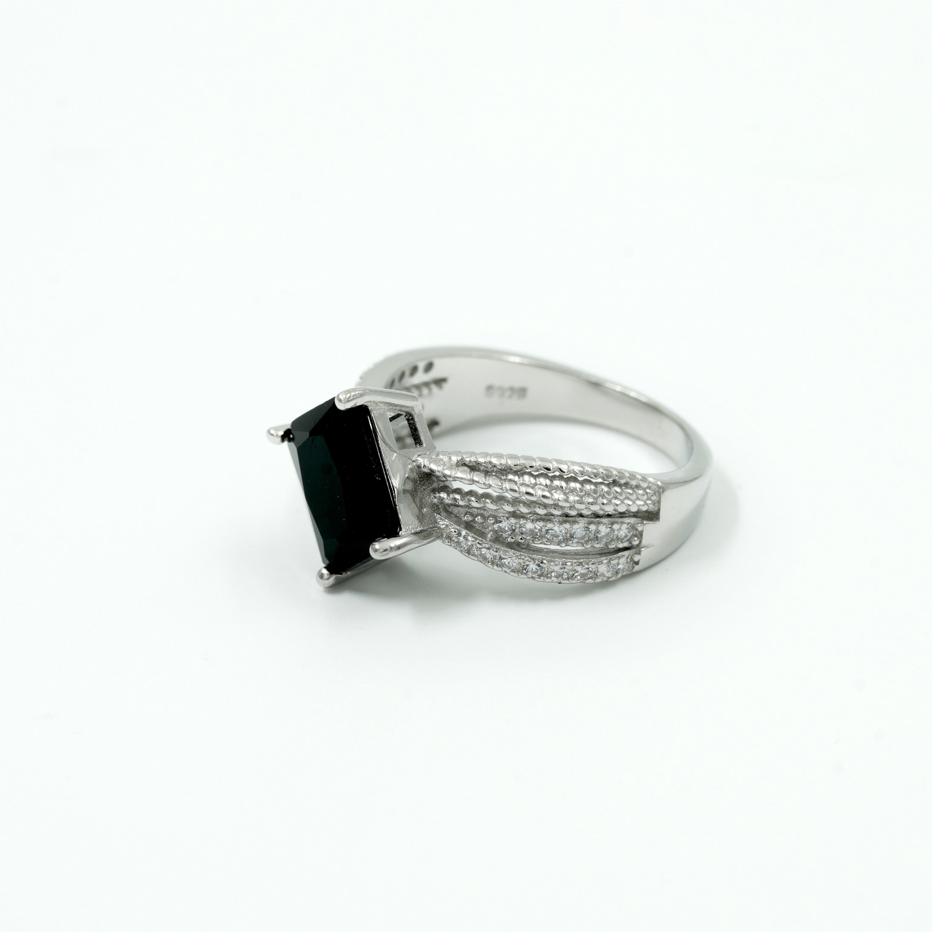 925 Silver Princess Cut Black Stone Ring with Diamond Accent Detailing